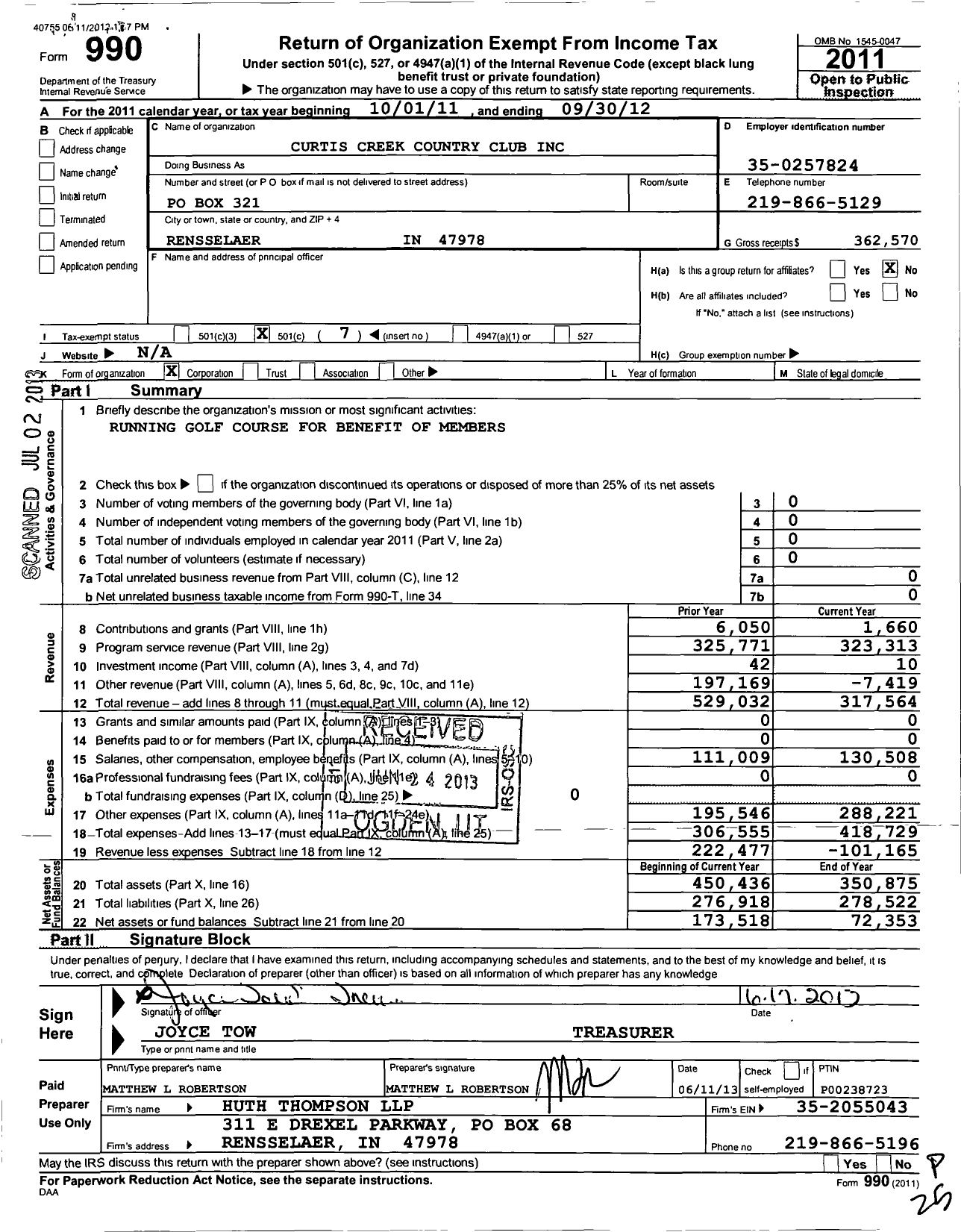 Image of first page of 2011 Form 990O for Curtis Creek Country Club