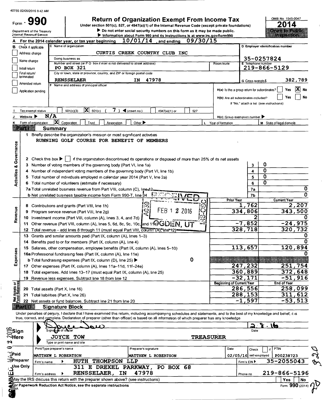 Image of first page of 2014 Form 990O for Curtis Creek Country Club