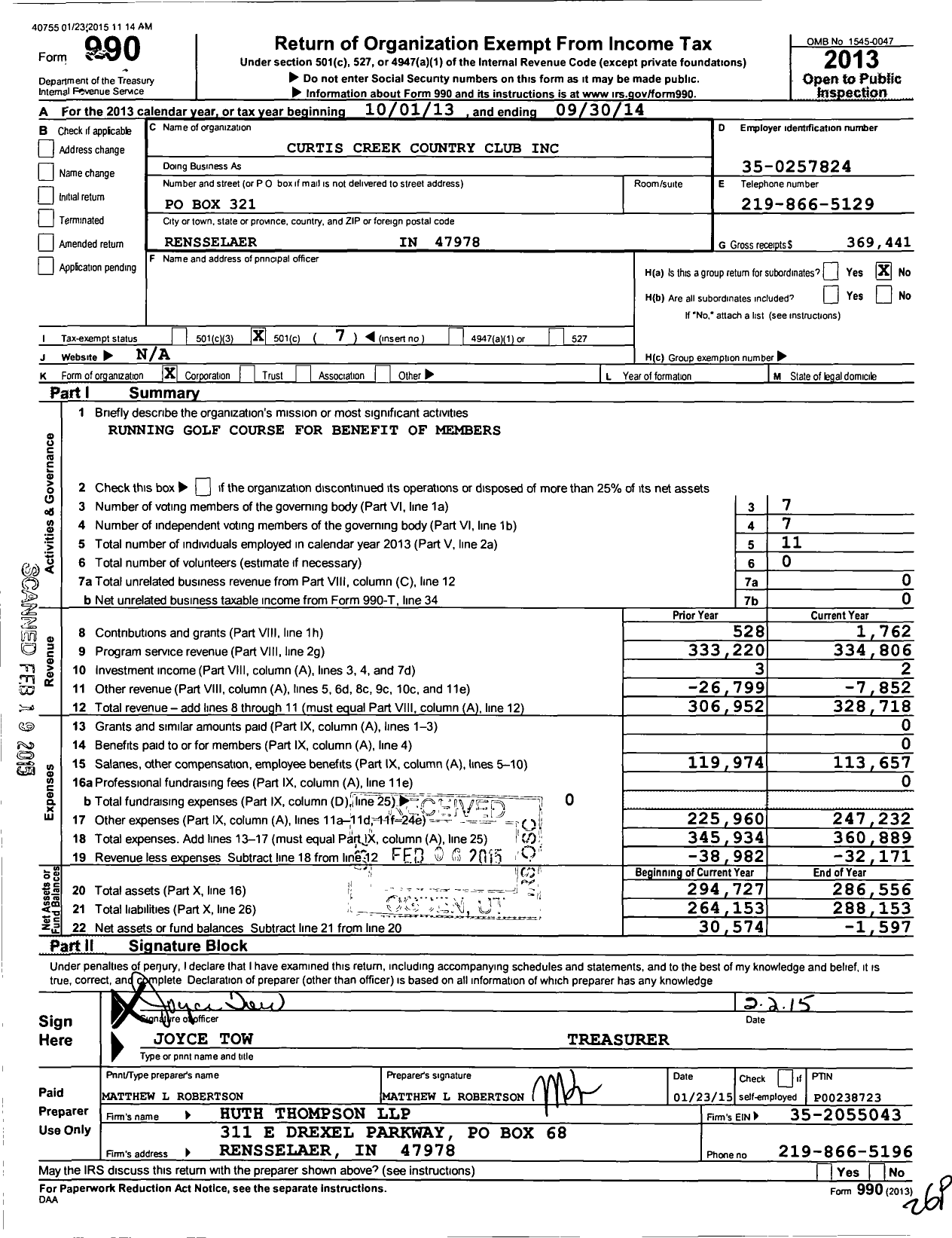 Image of first page of 2013 Form 990O for Curtis Creek Country Club