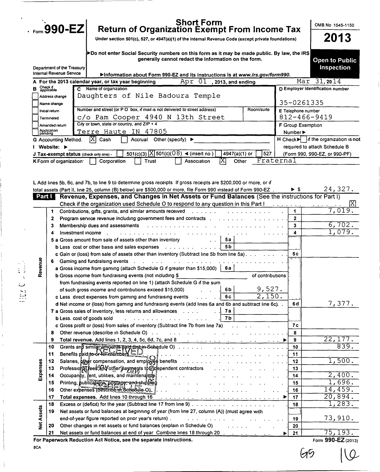 Image of first page of 2013 Form 990EO for Badoura Temple No 23 Daughters of the Nile