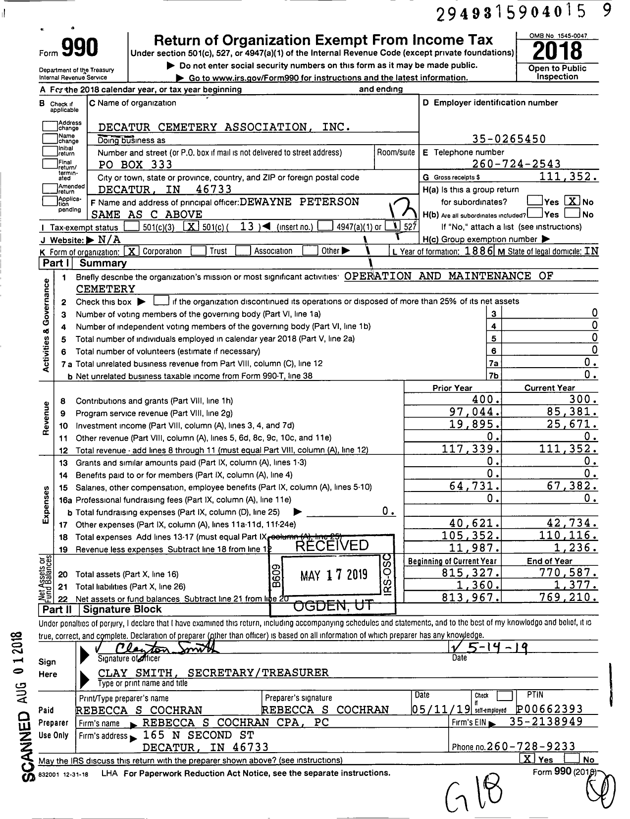 Image of first page of 2018 Form 990O for Decatur Cemetery Association