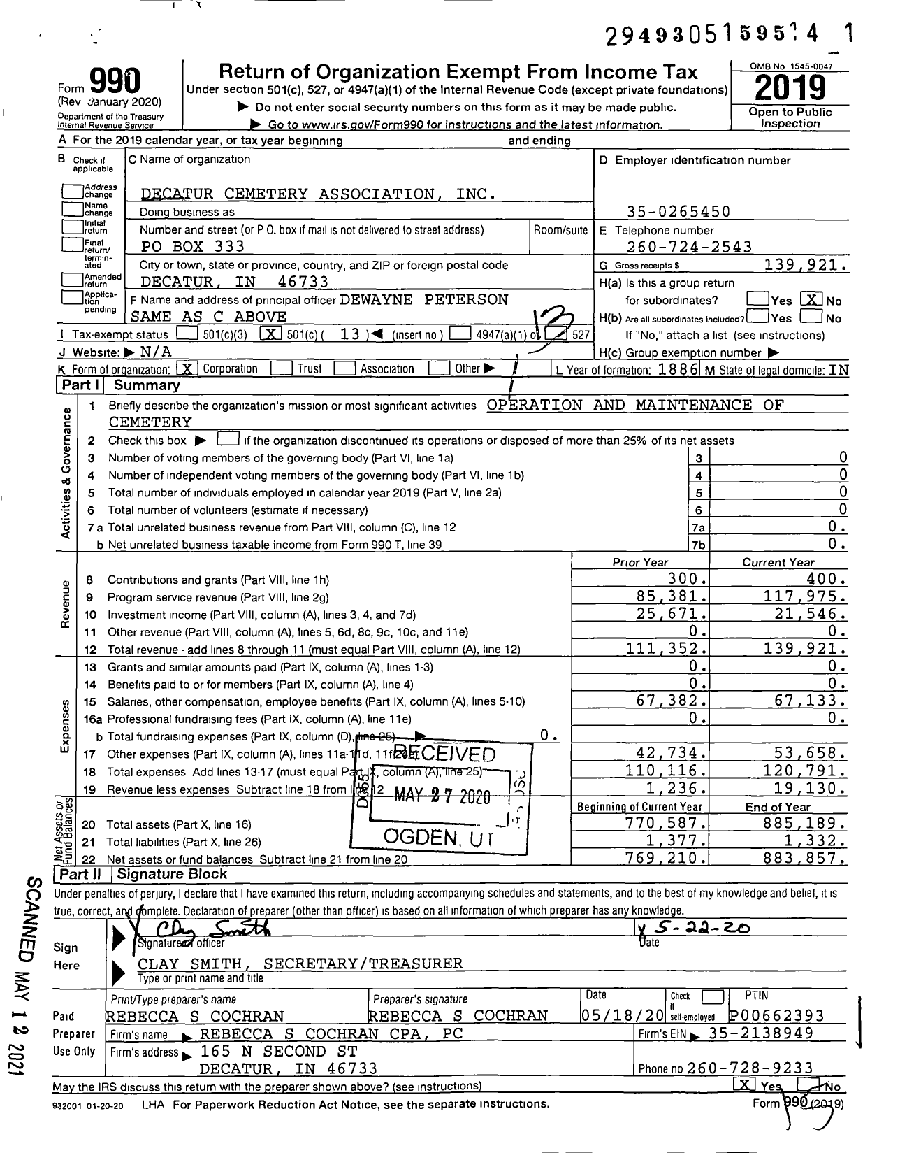 Image of first page of 2019 Form 990O for Decatur Cemetery Association