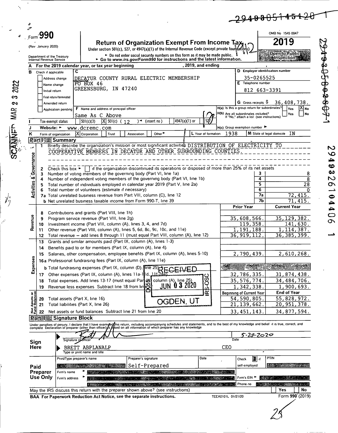 Image of first page of 2019 Form 990O for Decatur County Rural Electric Membership