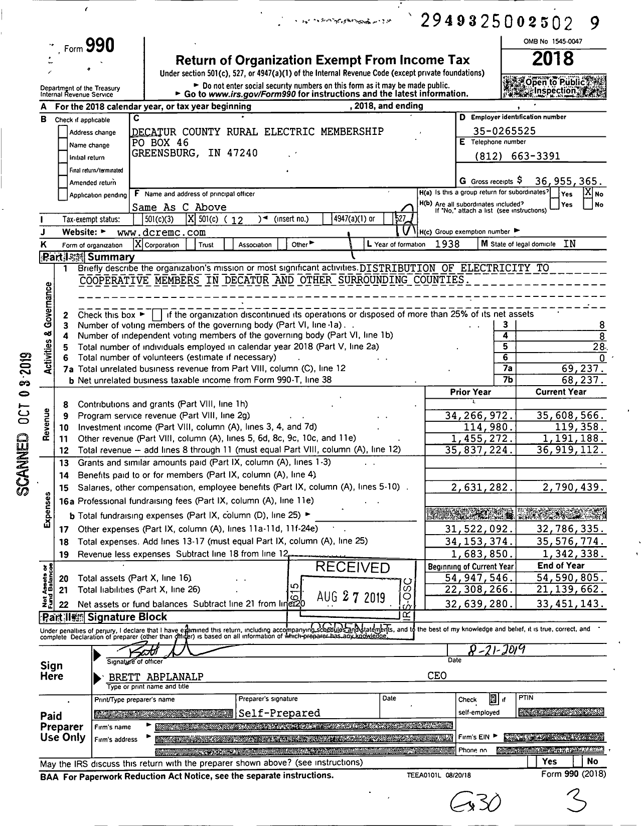 Image of first page of 2018 Form 990O for Decatur County Rural Electric Membership
