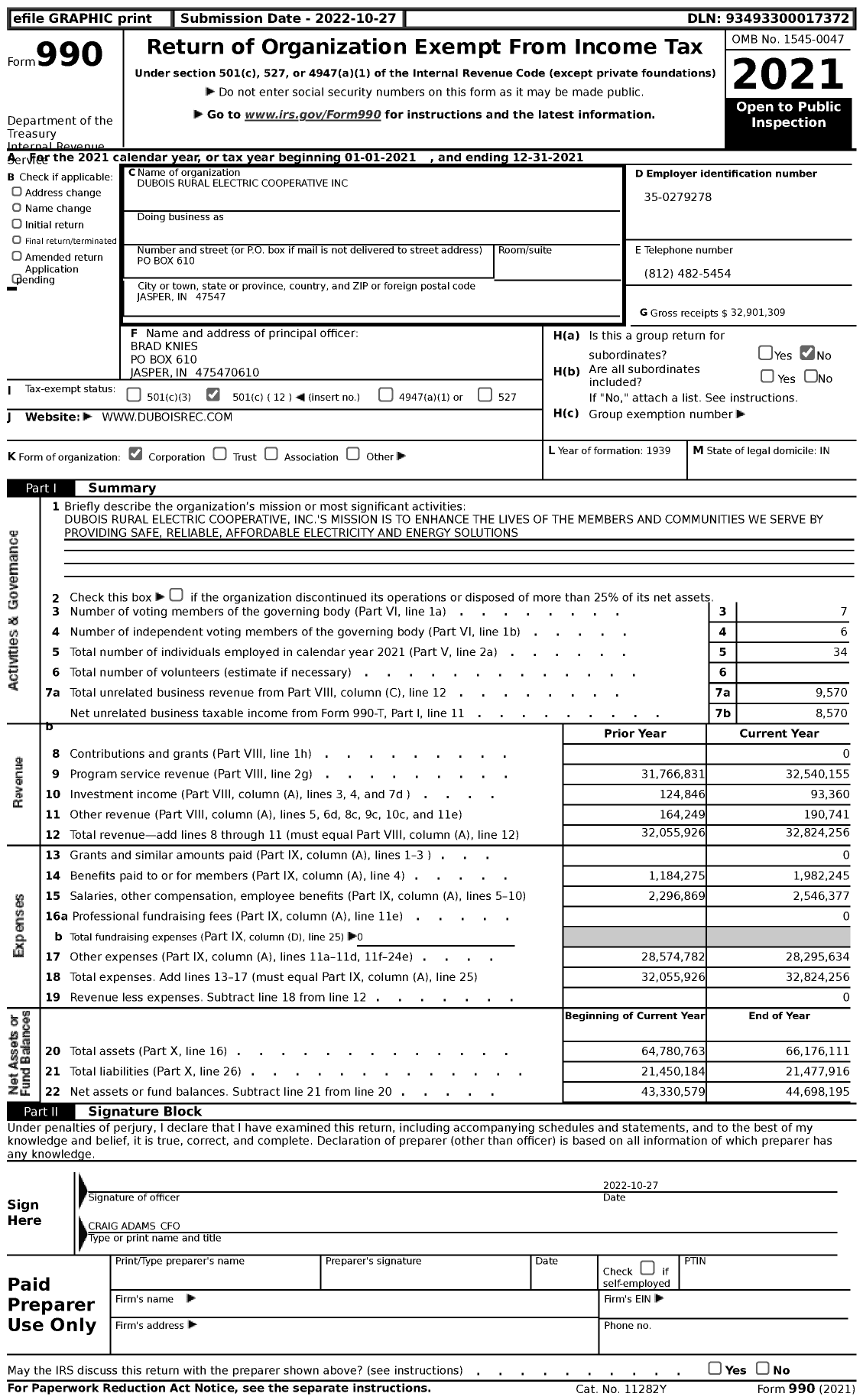 Image of first page of 2021 Form 990 for Dubois Rural Electric Cooperative