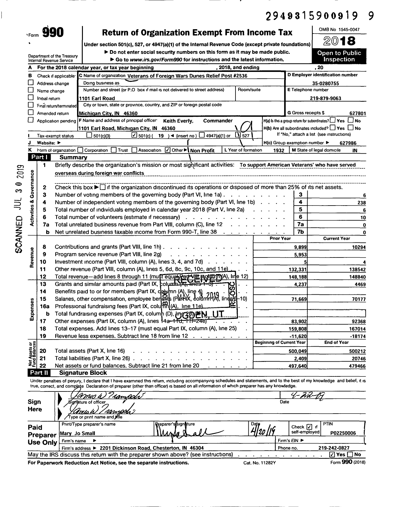 Image of first page of 2018 Form 990O for VFW Department of Indiana - 2536 VFW Ind