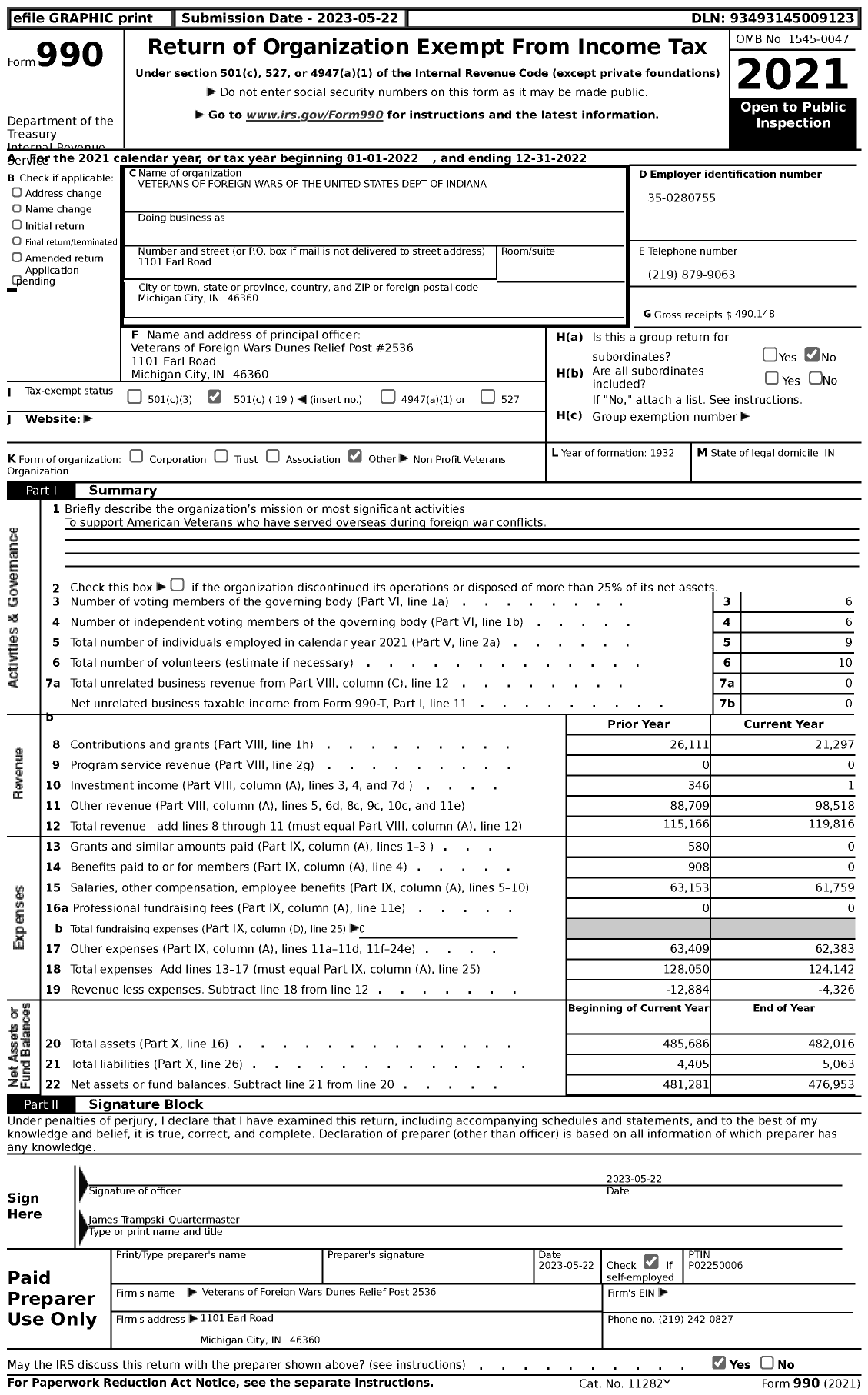 Image of first page of 2022 Form 990 for VFW Department of Indiana - 2536 VFW Ind