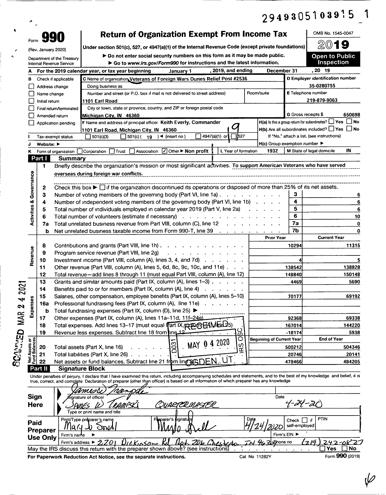 Image of first page of 2019 Form 990O for VFW Department of Indiana - 2536 VFW Ind