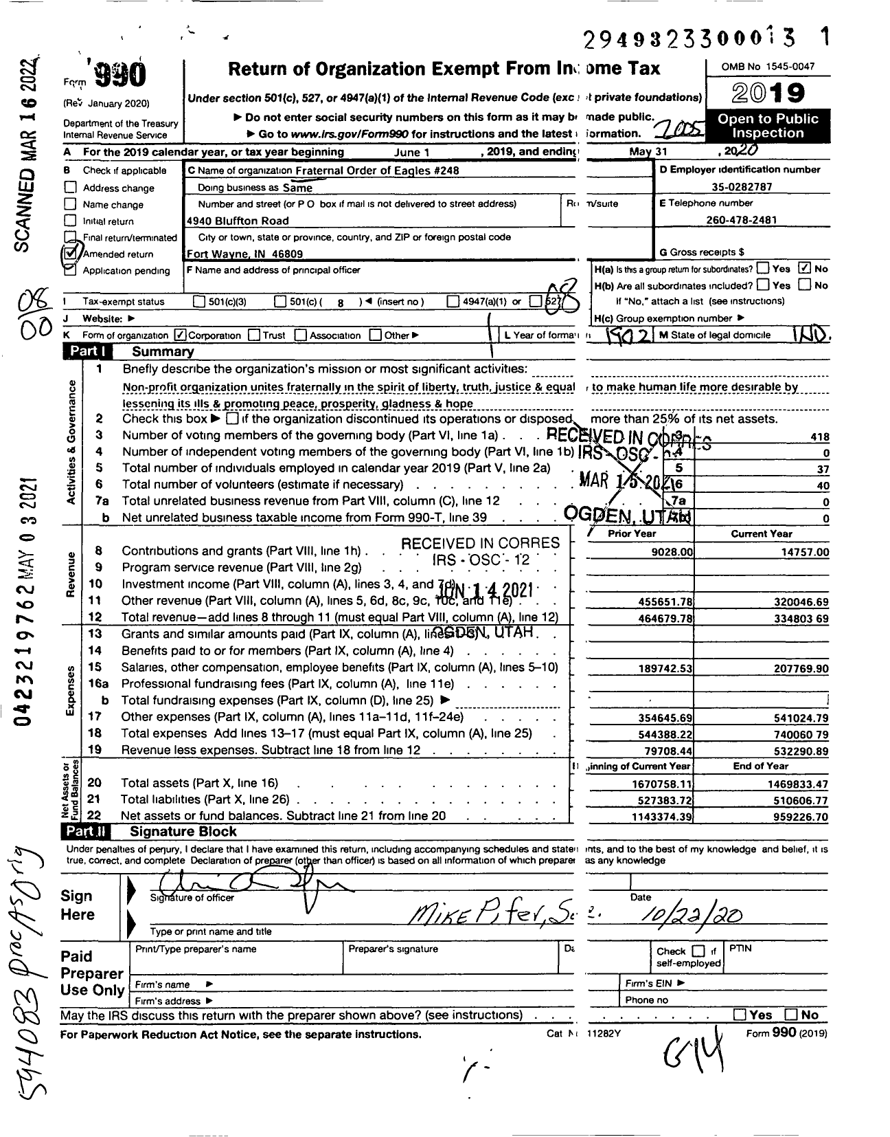 Image of first page of 2019 Form 990O for Fraternal Order of Eagles - 248 Aerie