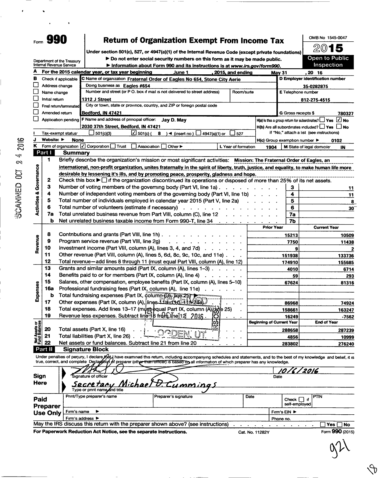 Image of first page of 2015 Form 990O for Fraternal Order of Eagles - Eagles 654