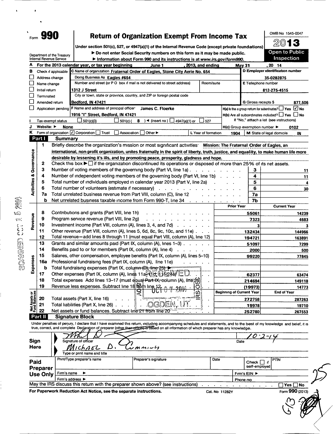 Image of first page of 2013 Form 990O for Fraternal Order of Eagles - Eagles 654