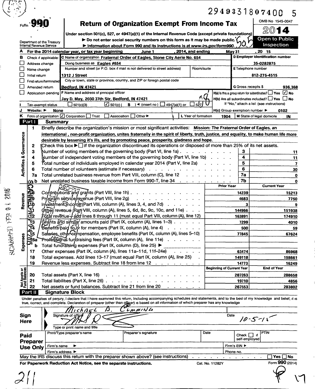 Image of first page of 2014 Form 990O for Fraternal Order of Eagles - Eagles 654