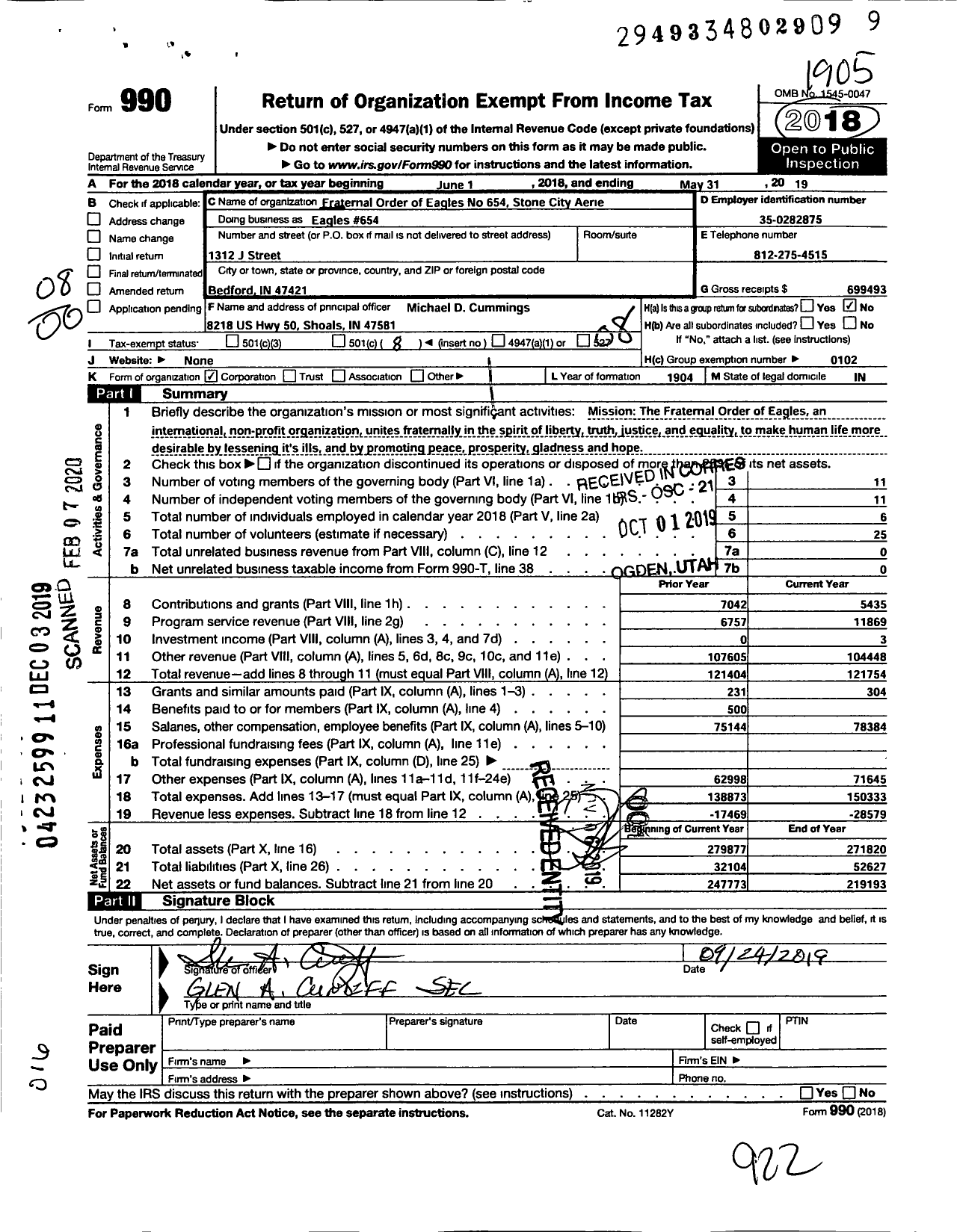 Image of first page of 2018 Form 990O for Fraternal Order of Eagles - Eagles 654