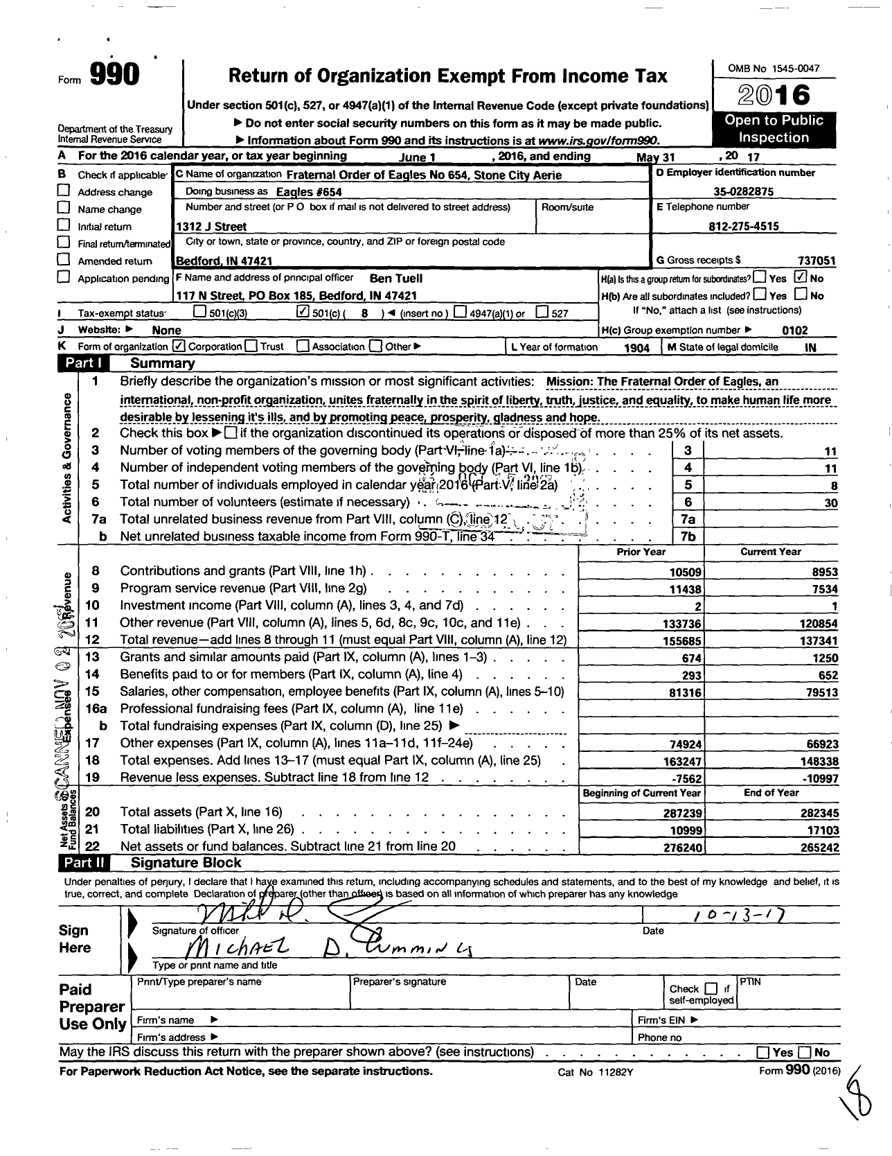 Image of first page of 2016 Form 990O for Fraternal Order of Eagles - Eagles 654