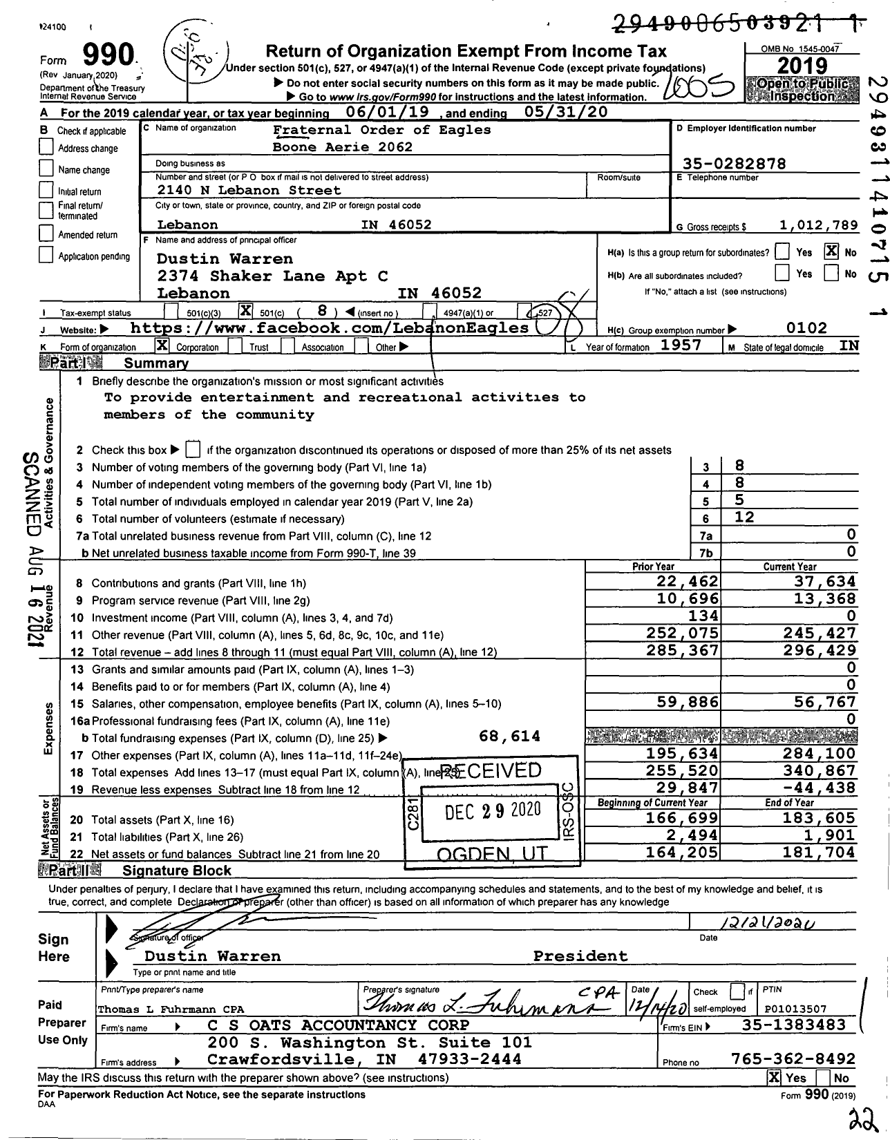 Image of first page of 2019 Form 990O for Fraternal Order of Eagles - 2062 Aerie