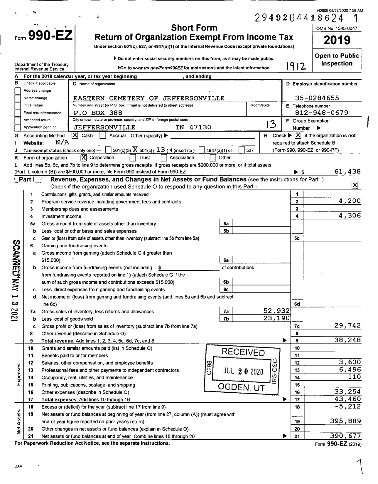 Image of first page of 2019 Form 990EO for Eastern Cemetery of Jeffersonville