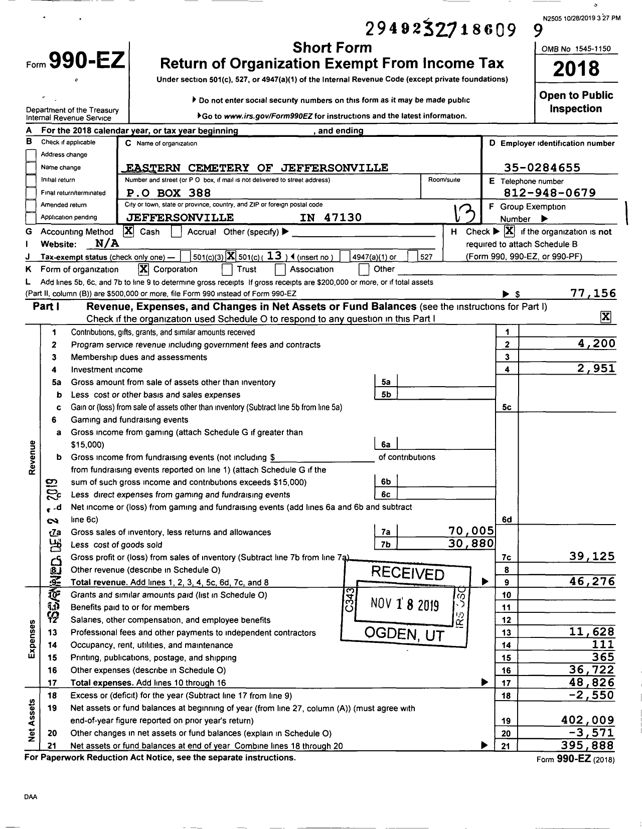 Image of first page of 2018 Form 990EO for Eastern Cemetery of Jeffersonville