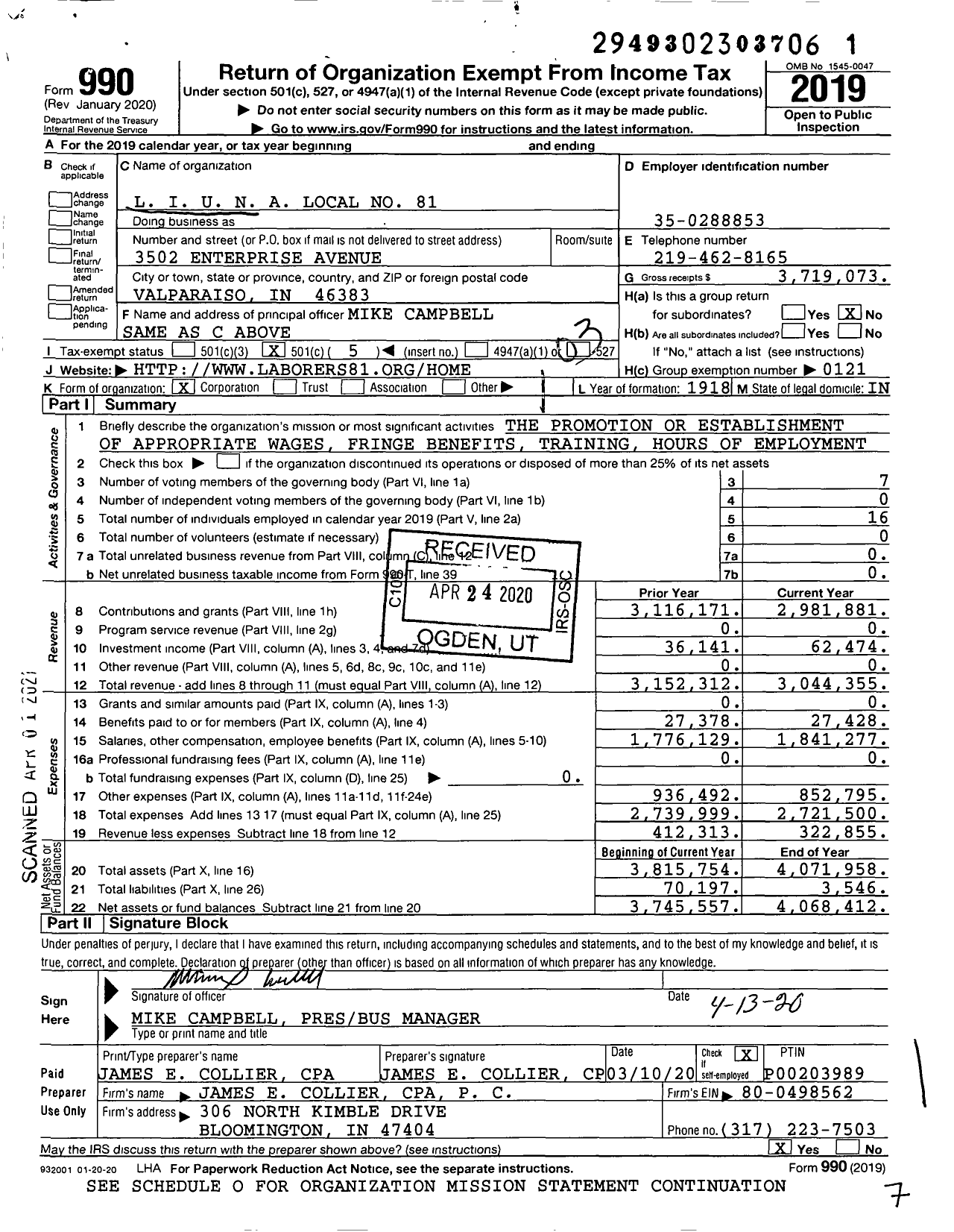 Image of first page of 2019 Form 990 for Laborers' International Union of North America - 81 Local Union