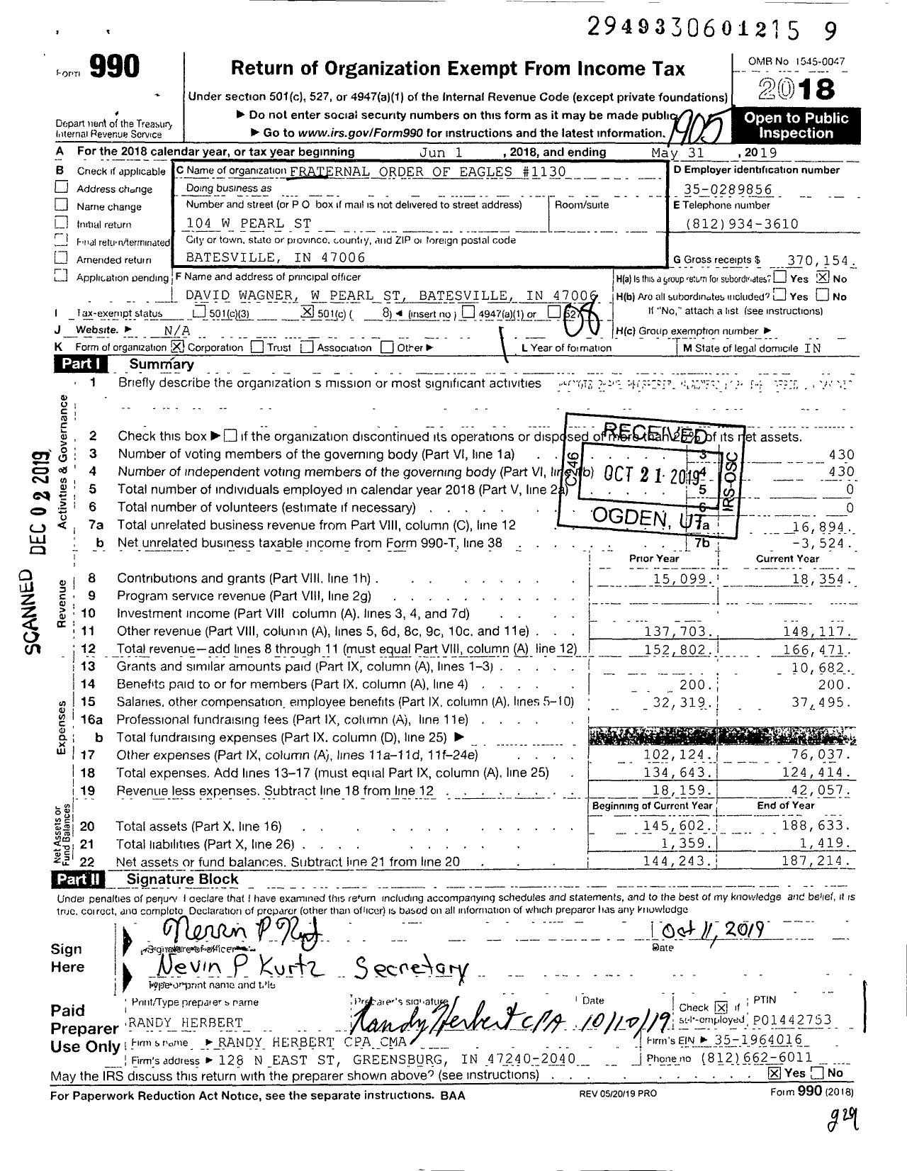 Image of first page of 2018 Form 990O for Fraternal Order of Eagles - 1130 Aerie