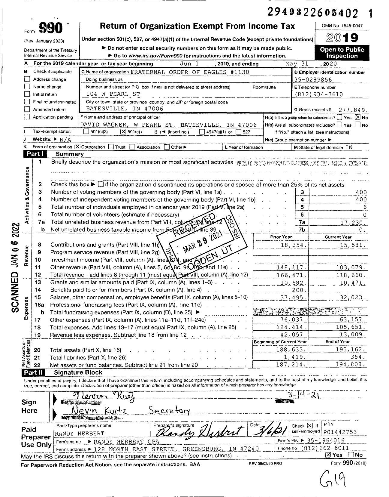 Image of first page of 2019 Form 990O for Fraternal Order of Eagles - 1130 Aerie