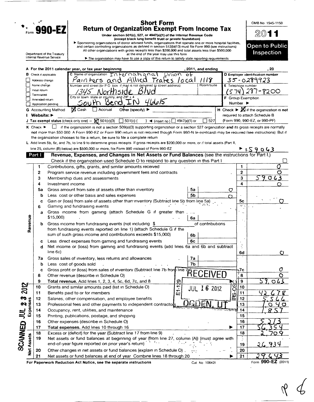 Image of first page of 2011 Form 990EZ for International Union of Painters and Allied Trades - 118 Painters Local Union