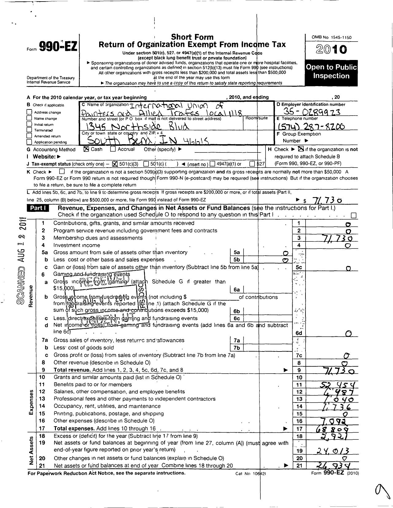 Image of first page of 2010 Form 990EZ for International Union of Painters and Allied Trades - 118 Painters Local Union