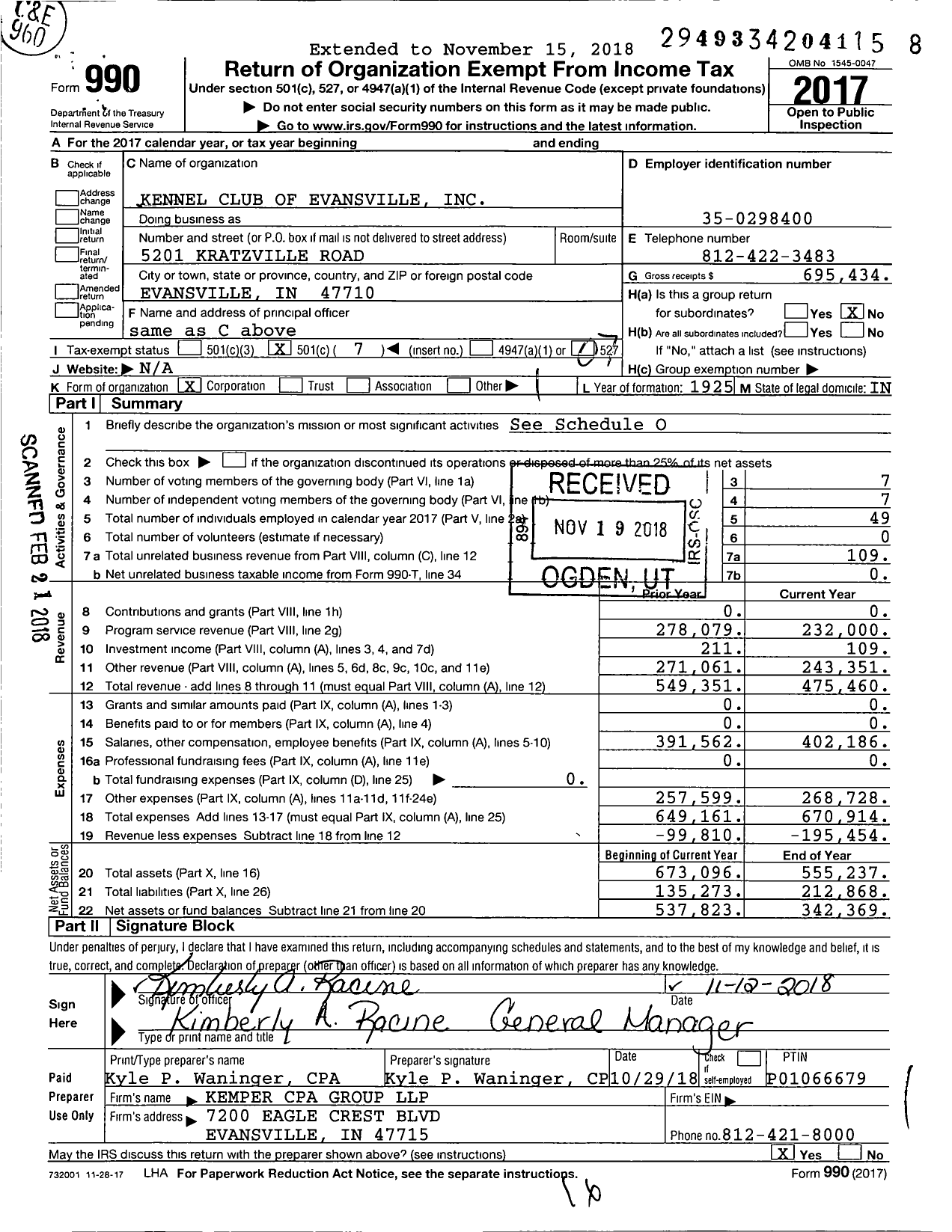 Image of first page of 2017 Form 990O for Kennel Club of Evansville