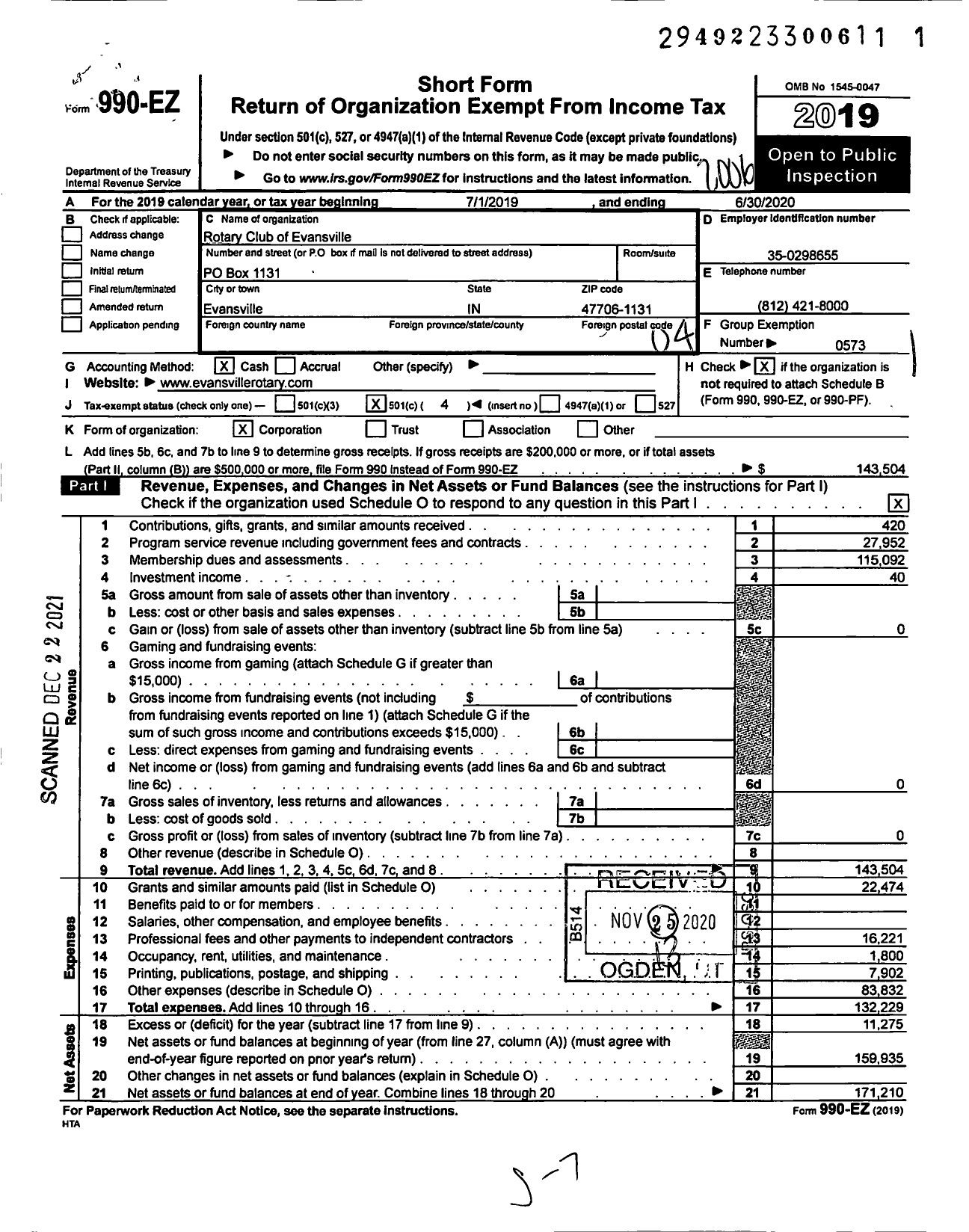 Image of first page of 2019 Form 990EO for Rotary International - Evansville Rotary Club