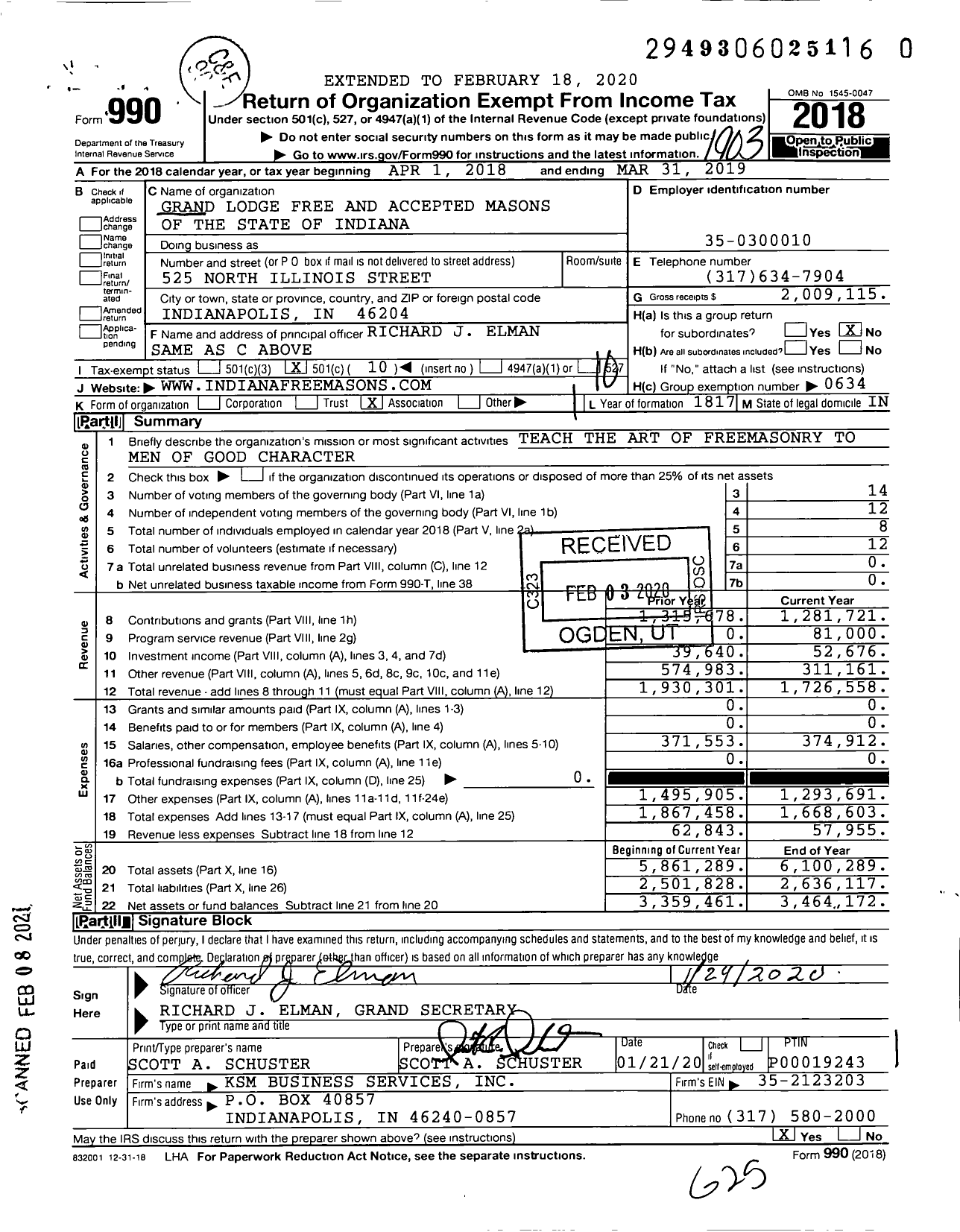 Image of first page of 2018 Form 990O for Grand Lodge Free and Accepted Masons of the State of Indiana