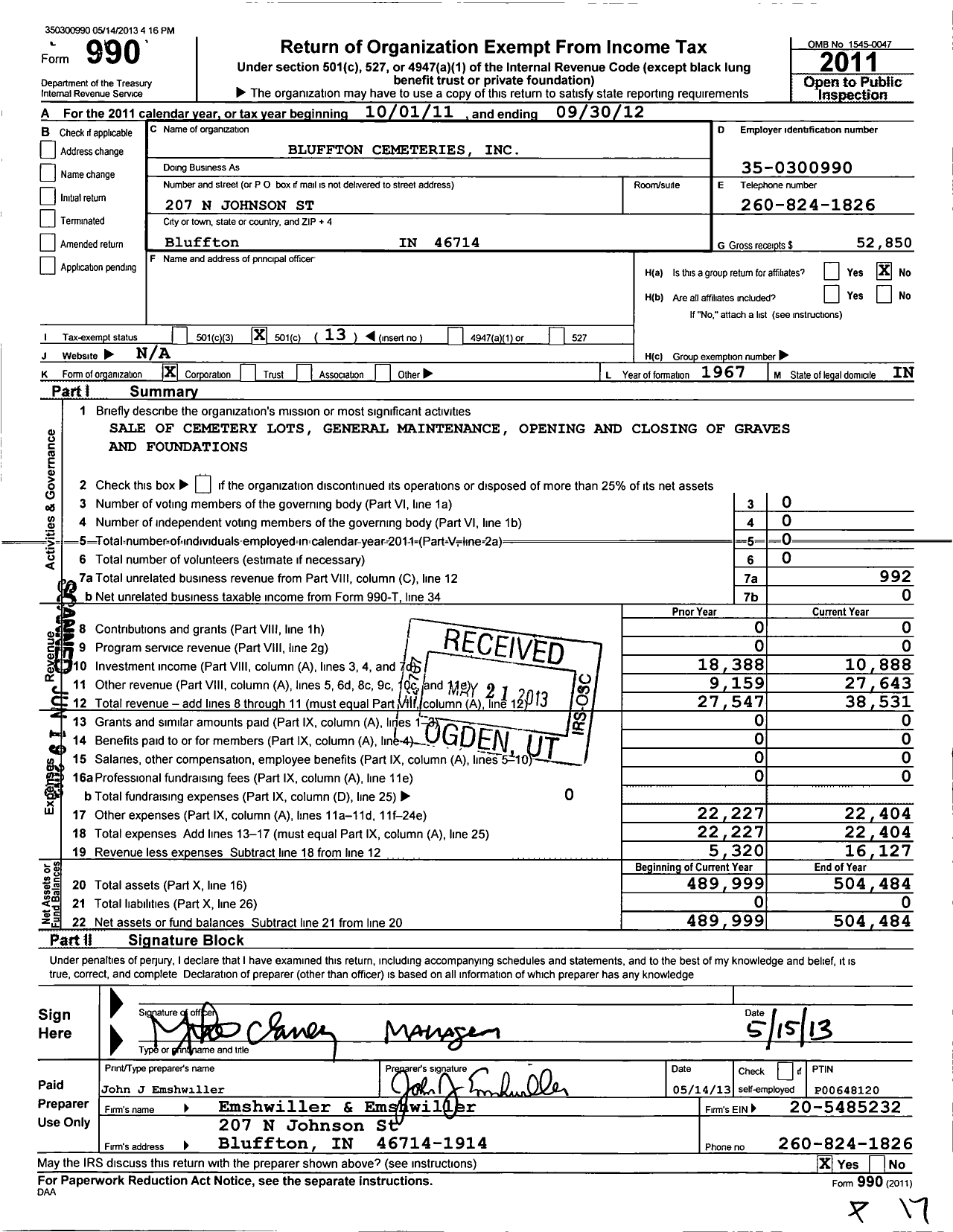 Image of first page of 2011 Form 990O for Bluffton Cemeteries