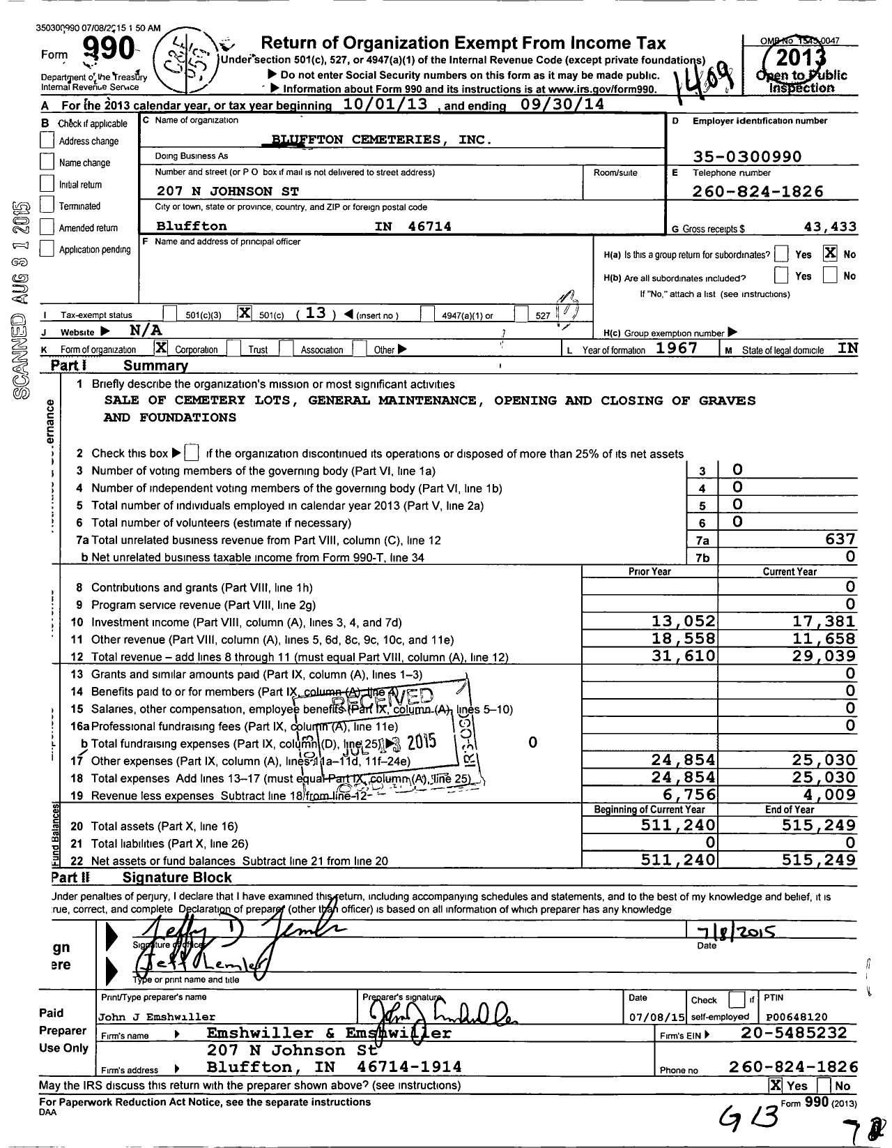 Image of first page of 2013 Form 990O for Bluffton Cemeteries