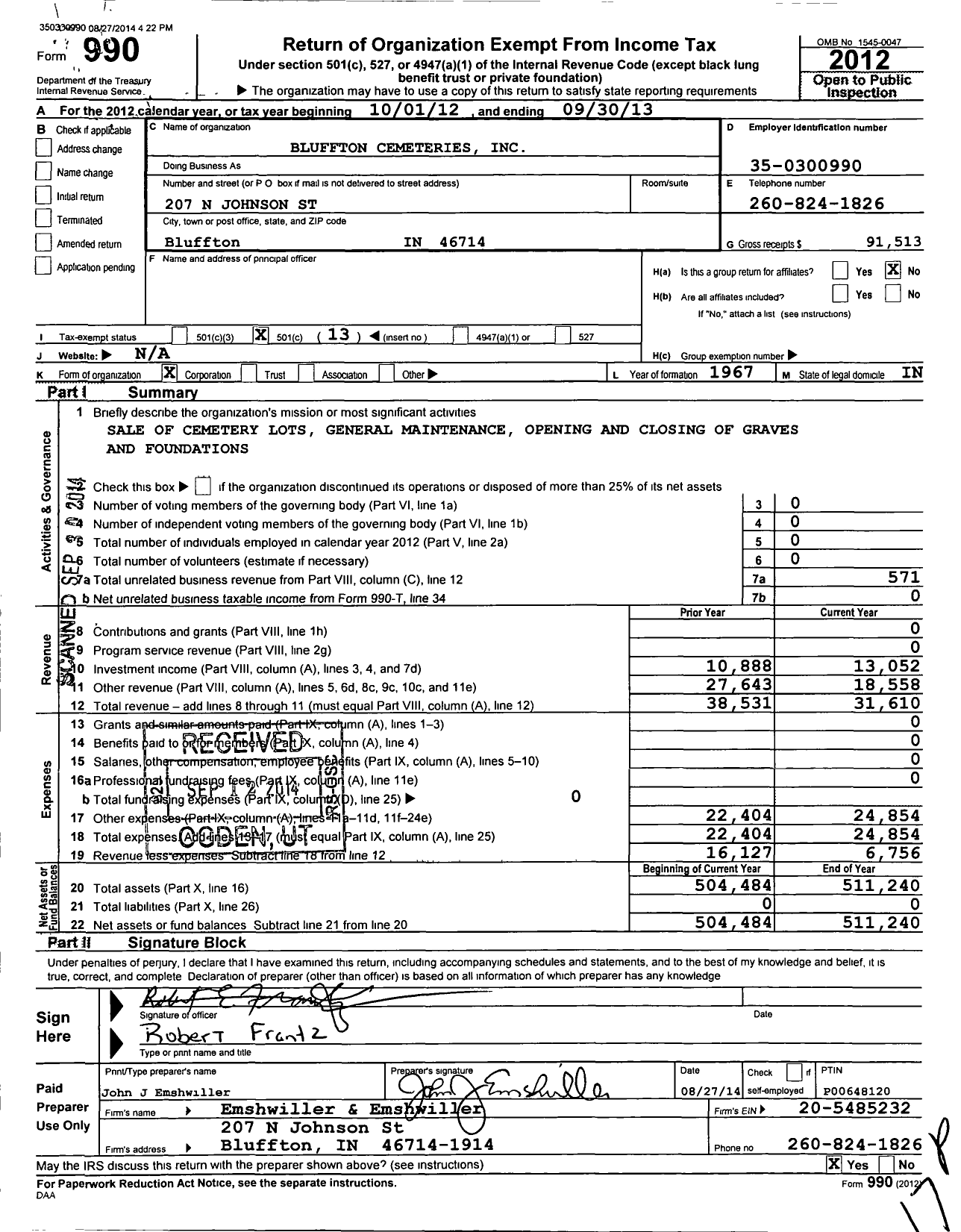 Image of first page of 2012 Form 990O for Bluffton Cemeteries