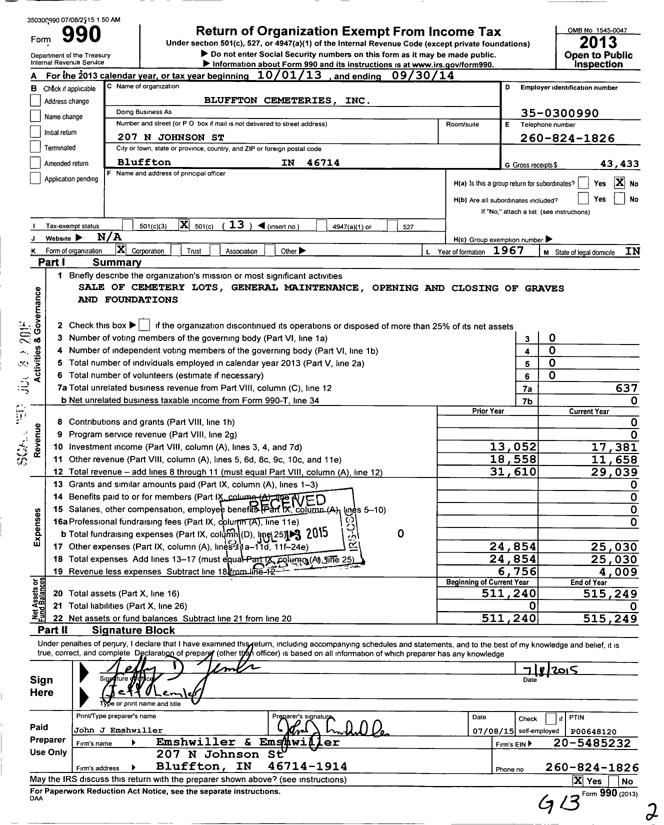 Image of first page of 2013 Form 990O for Bluffton Cemeteries