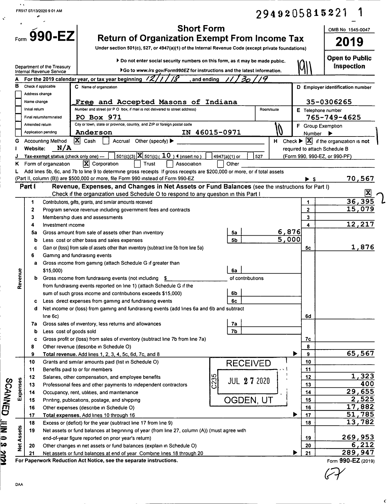 Image of first page of 2018 Form 990EO for FREE & ACCEPTED Masons OF INDIANA - 681 Fellowship Lodge