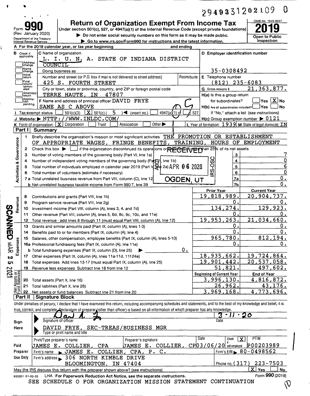 Image of first page of 2019 Form 990O for Laborers' International Union of North America - Indiana Dist Council