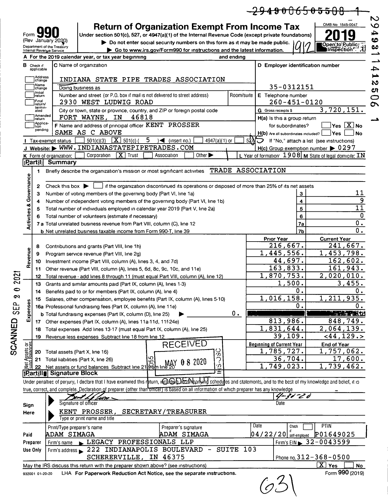 Image of first page of 2019 Form 990O for United Association - Indiana Pipe TR
