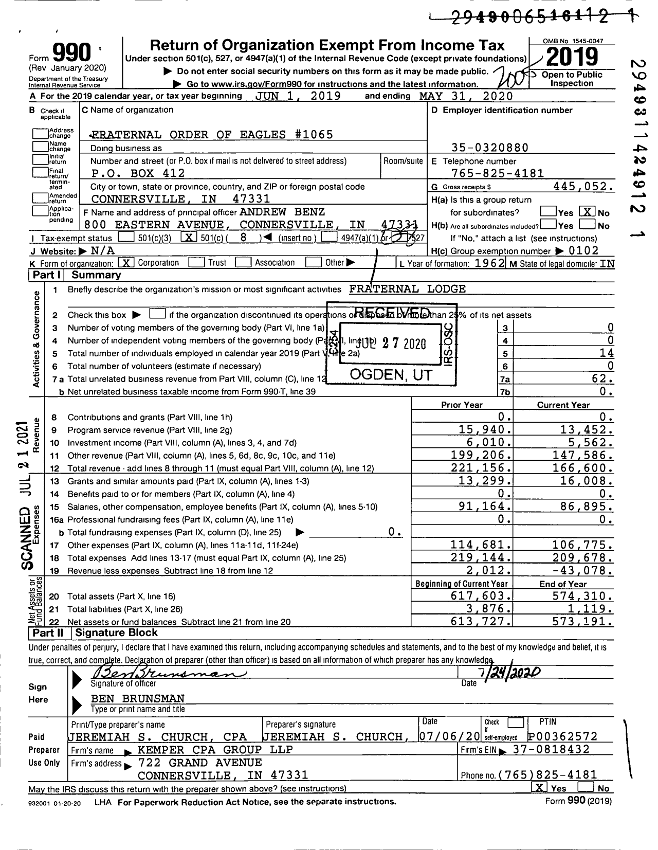 Image of first page of 2019 Form 990O for Fraternal Order of Eagles - 1065 Aerie