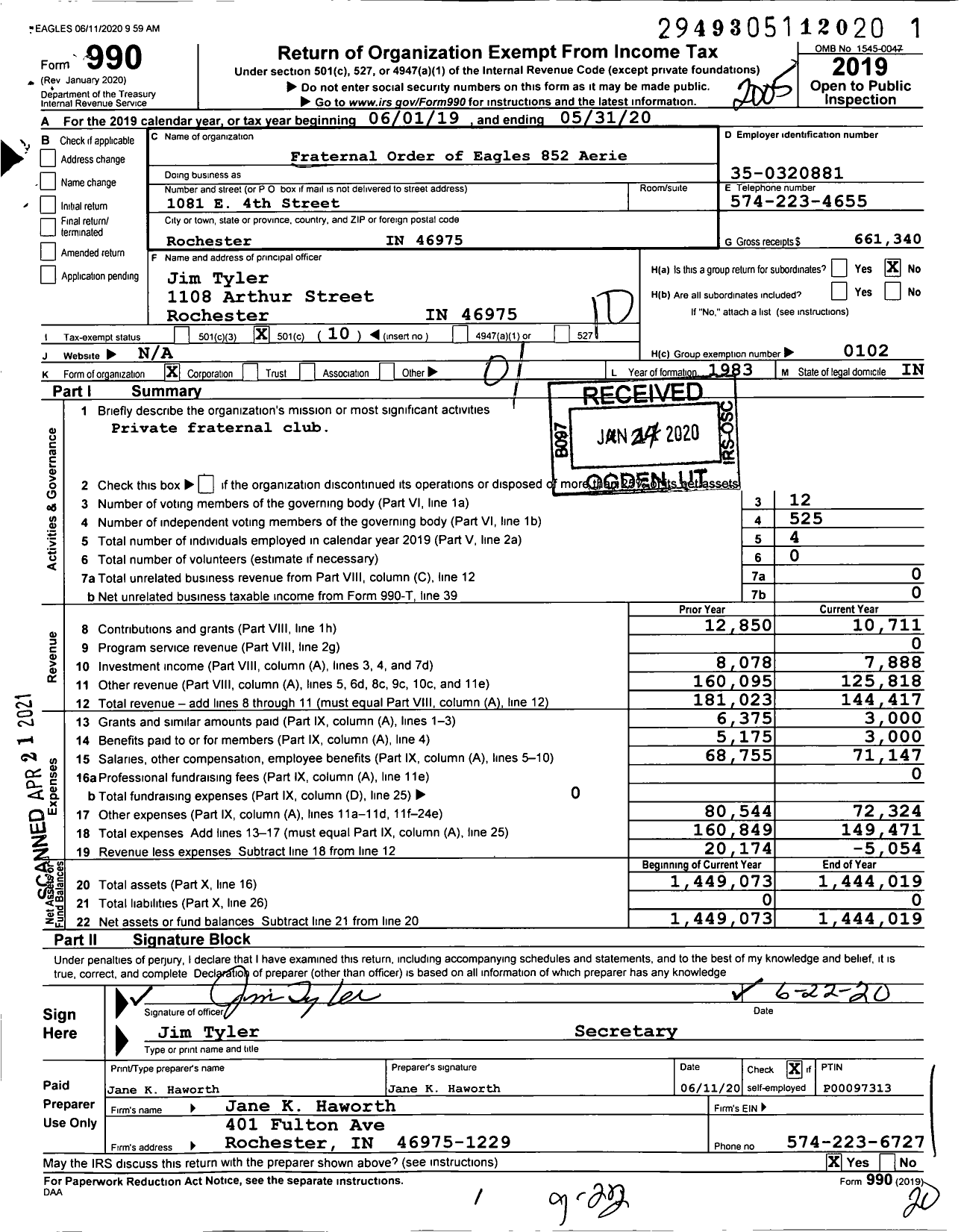 Image of first page of 2019 Form 990O for Fraternal Order of Eagles - 852 Aerie