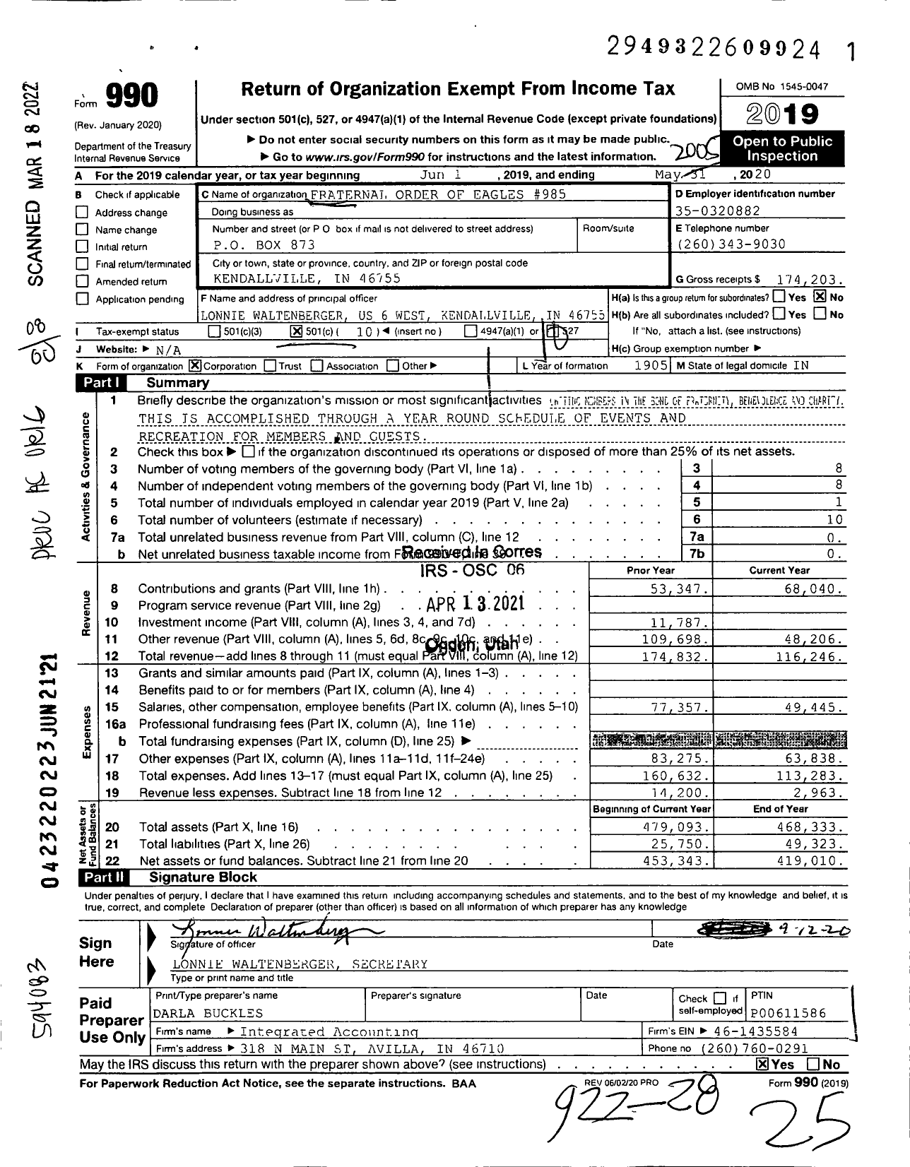 Image of first page of 2019 Form 990O for Fraternal Order of Eagles - 985 Aerie