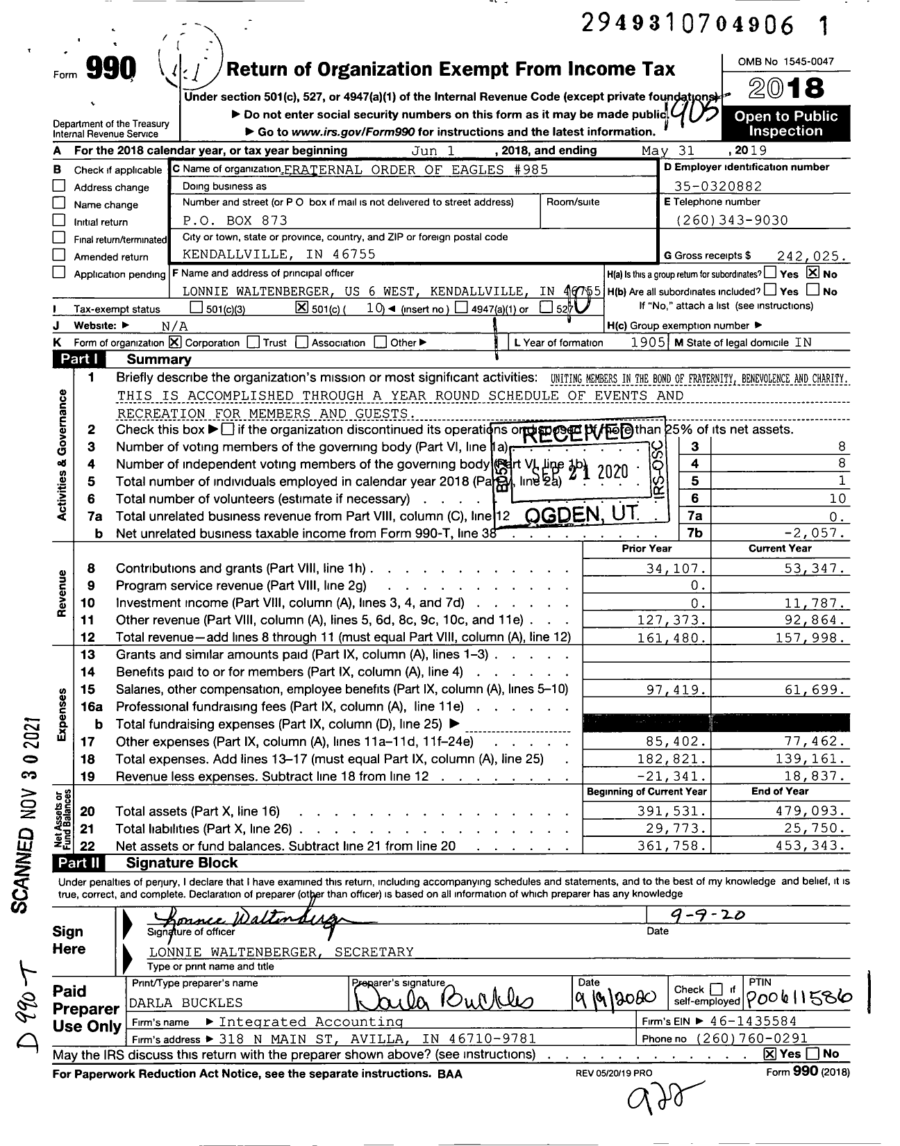 Image of first page of 2018 Form 990O for Fraternal Order of Eagles - 985 Aerie