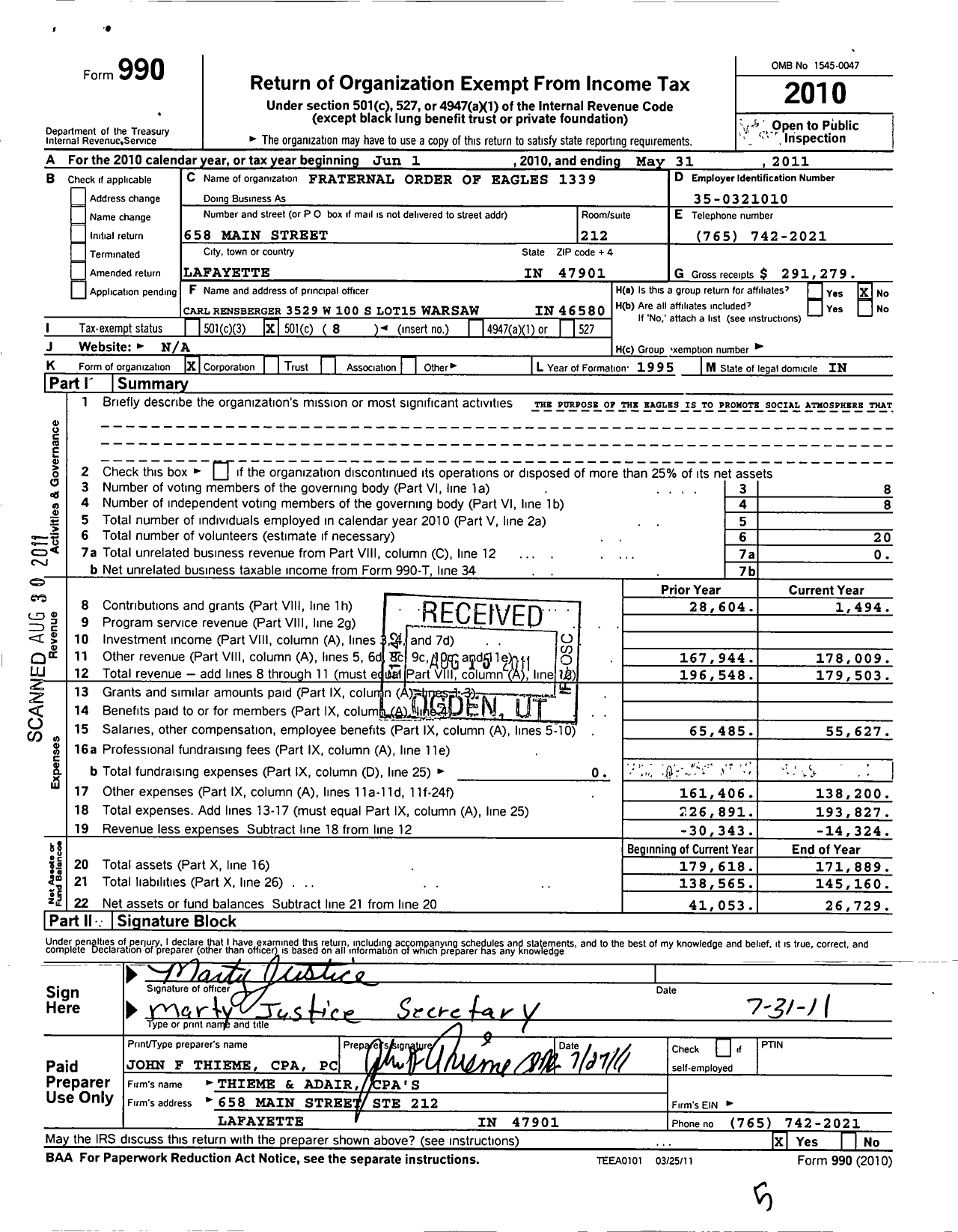 Image of first page of 2010 Form 990O for Fraternal Order of Eagles 1339