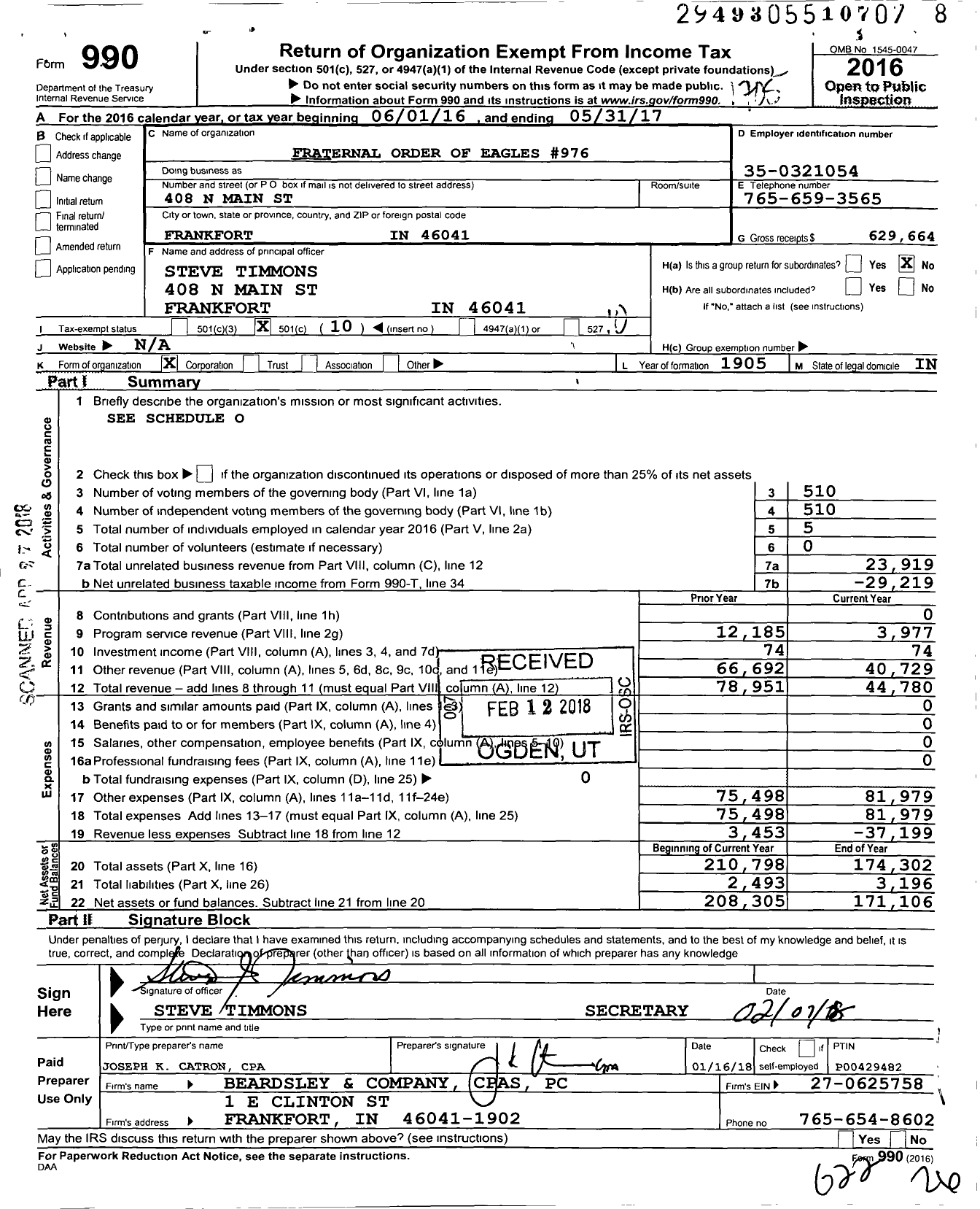 Image of first page of 2016 Form 990O for Fraternal Order of Eagles - 976 Aerie