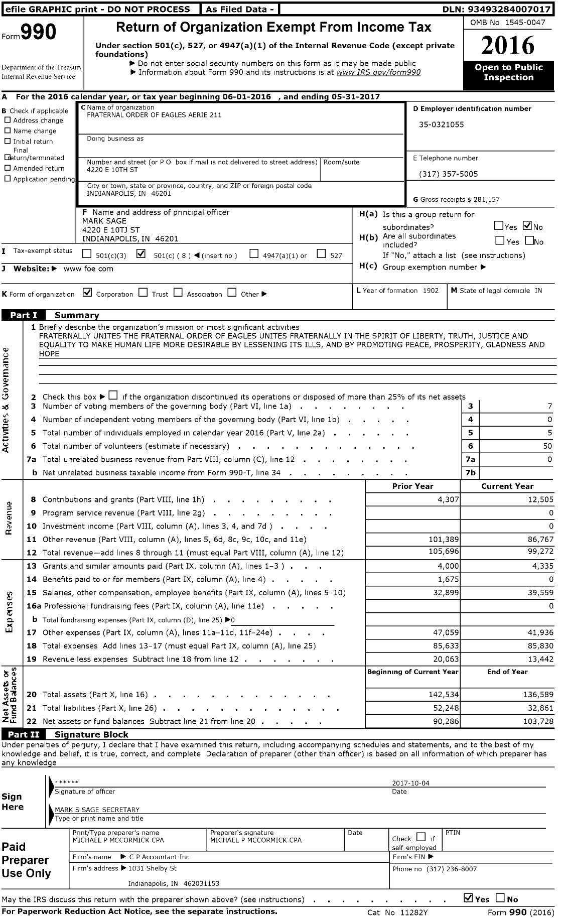 Image of first page of 2016 Form 990O for Fraternal Order of Eagles Aerie 211