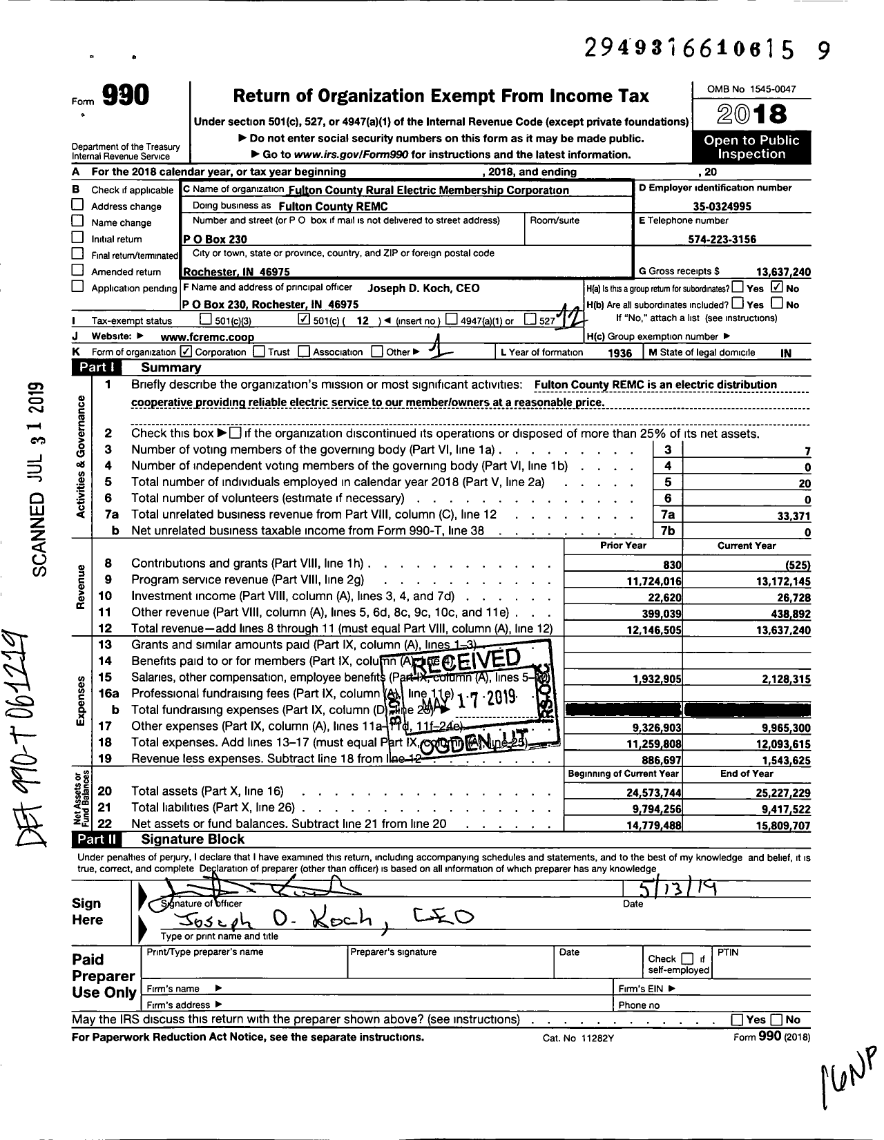 Image of first page of 2018 Form 990O for FULTON County REMC