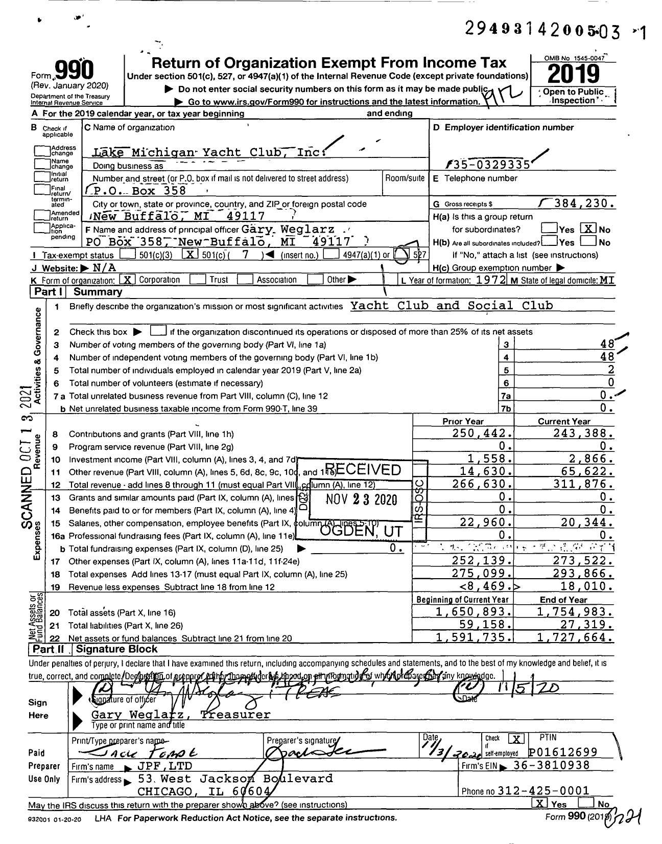 Image of first page of 2019 Form 990O for Lake Michigan Yacht Club