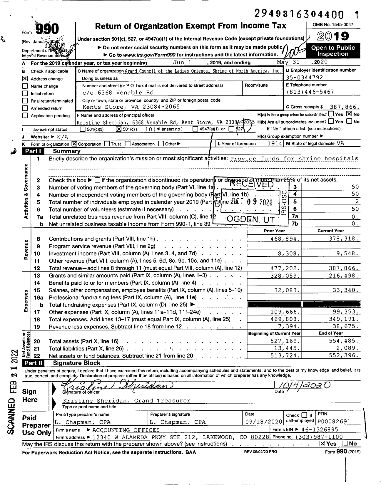 Image of first page of 2019 Form 990O for Grand Council of the Ladies Oriental Shrine of North America