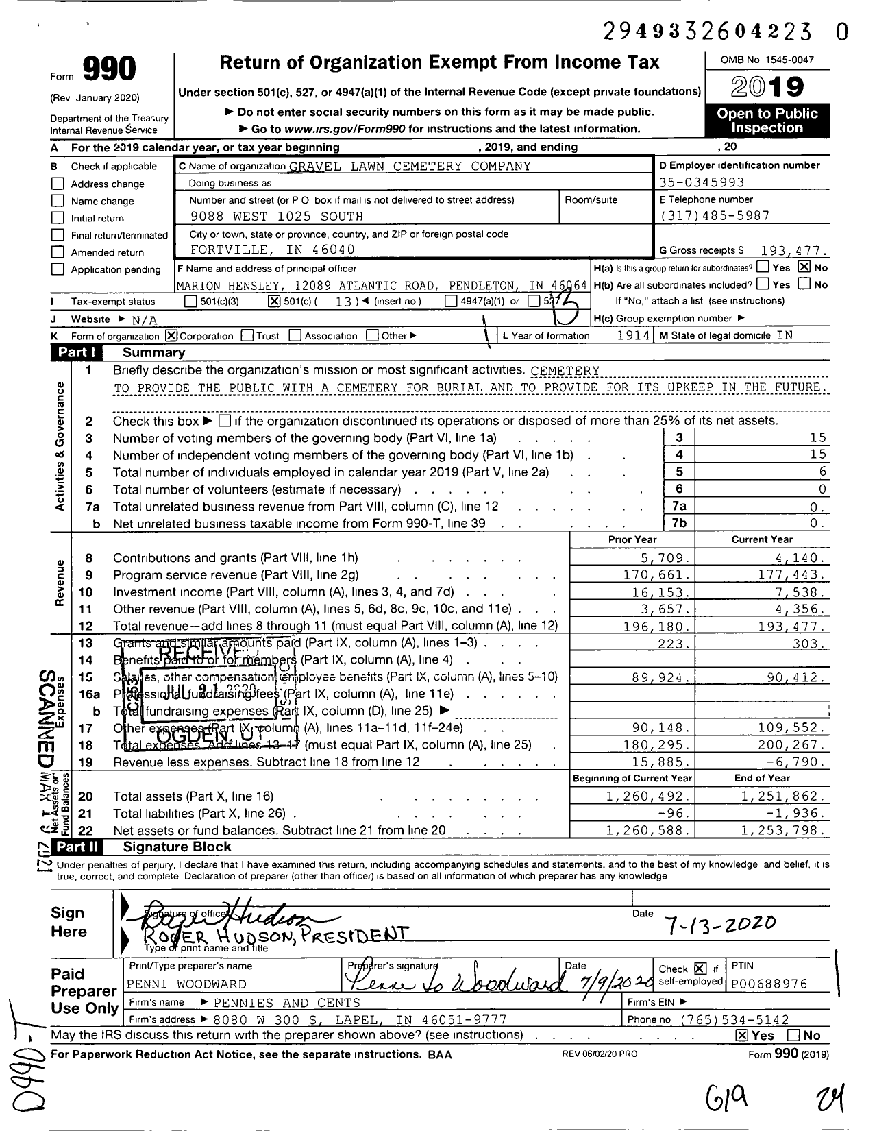 Image of first page of 2019 Form 990O for Gravel Lawn Cemetery Company