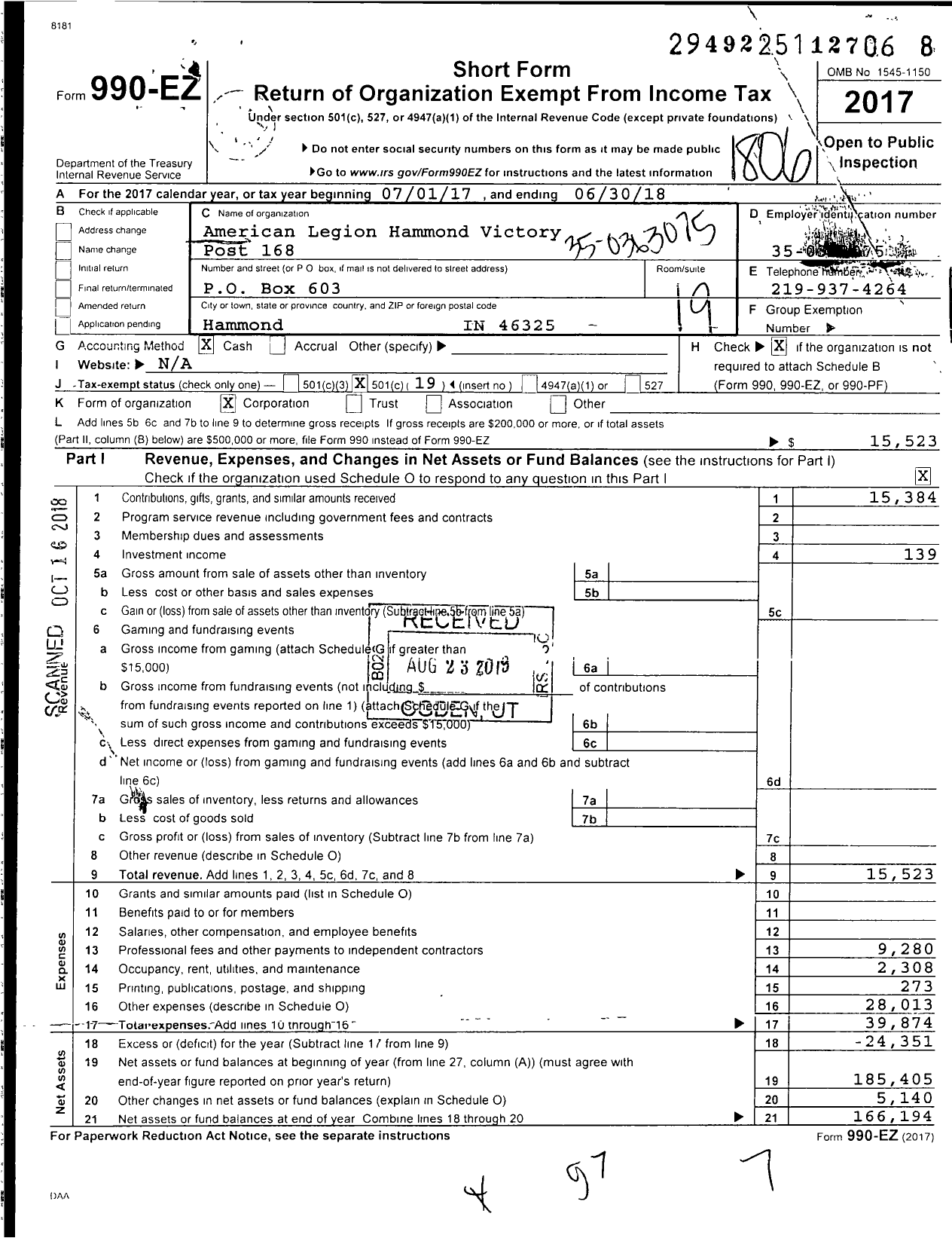 Image of first page of 2017 Form 990EO for American Legion - 168 Hammond Victory