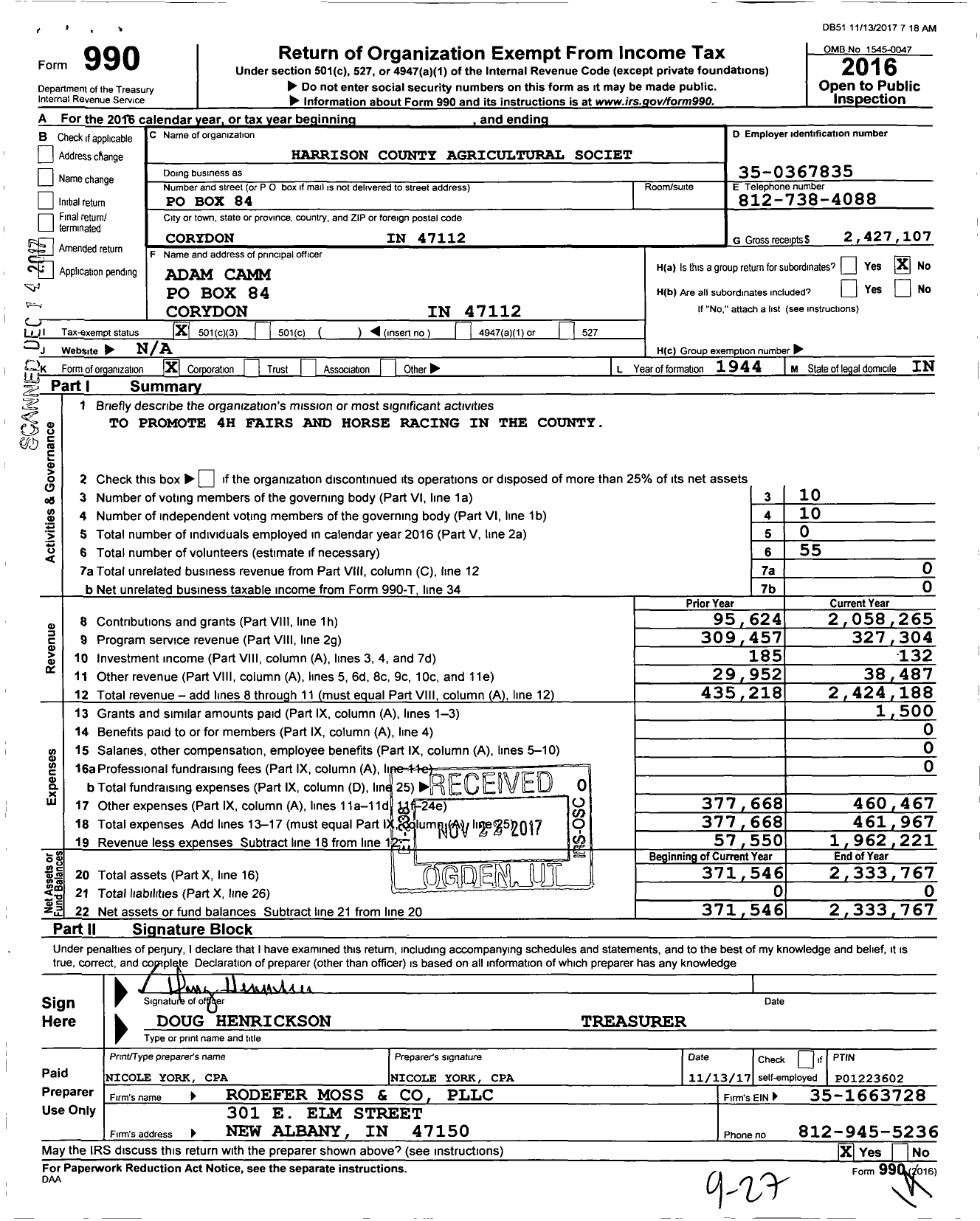 Image of first page of 2016 Form 990 for Harrison County Agricultural Society