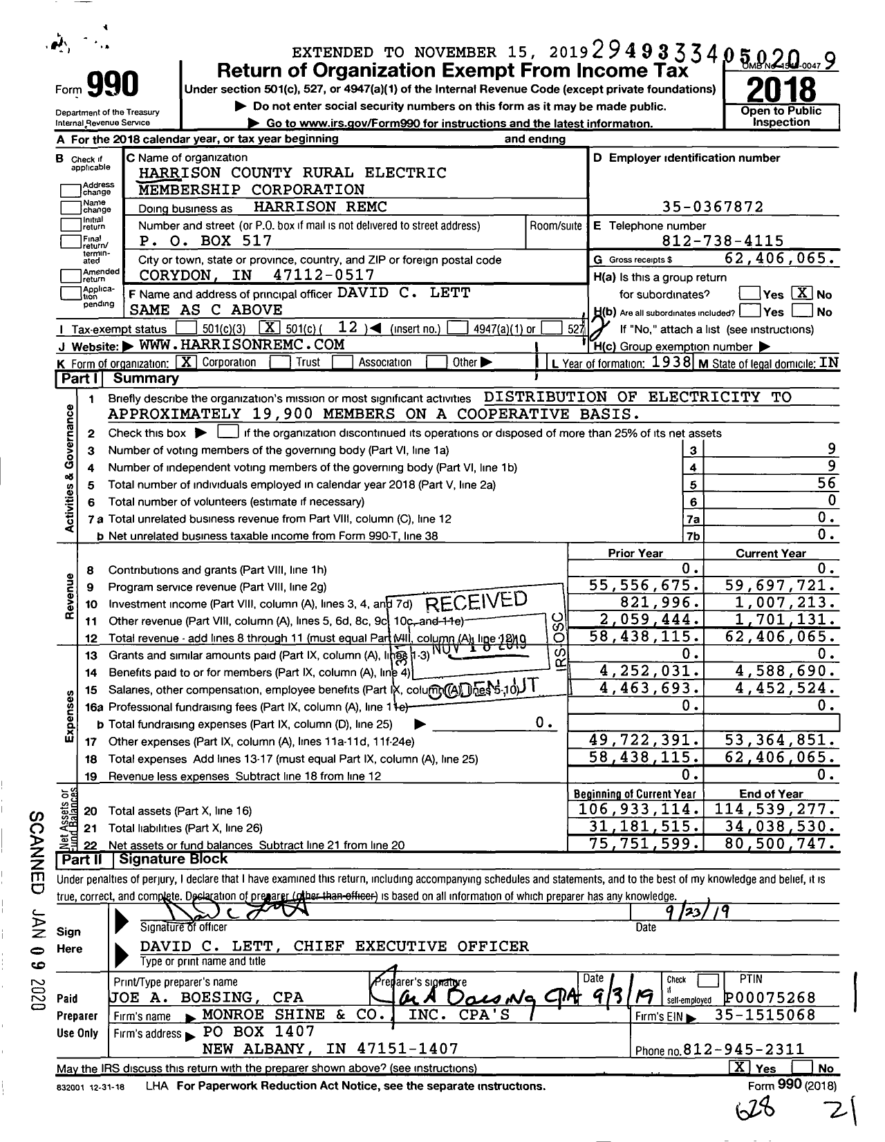 Image of first page of 2018 Form 990O for Harrison Remc